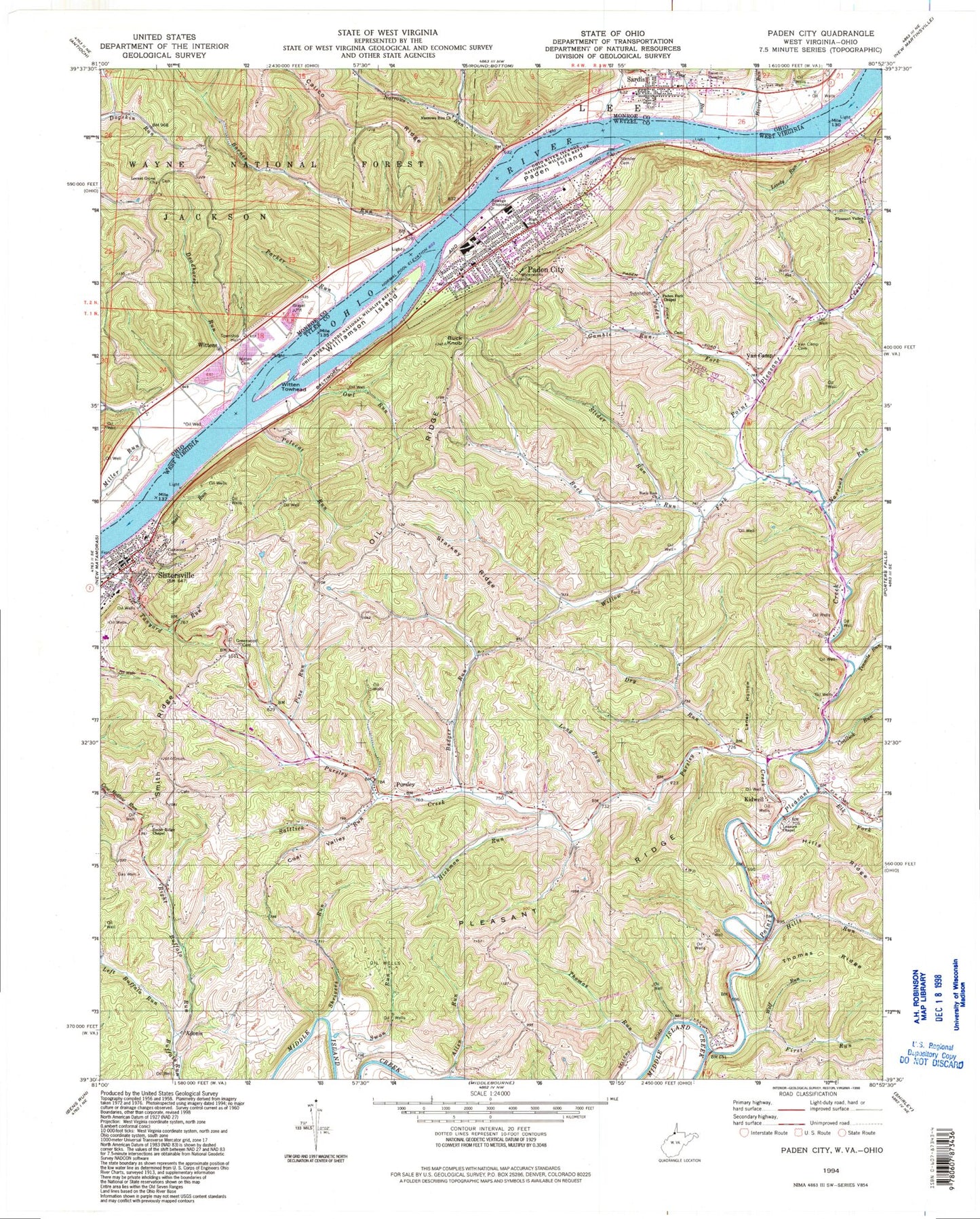Classic USGS Paden City West Virginia 7.5'x7.5' Topo Map Image