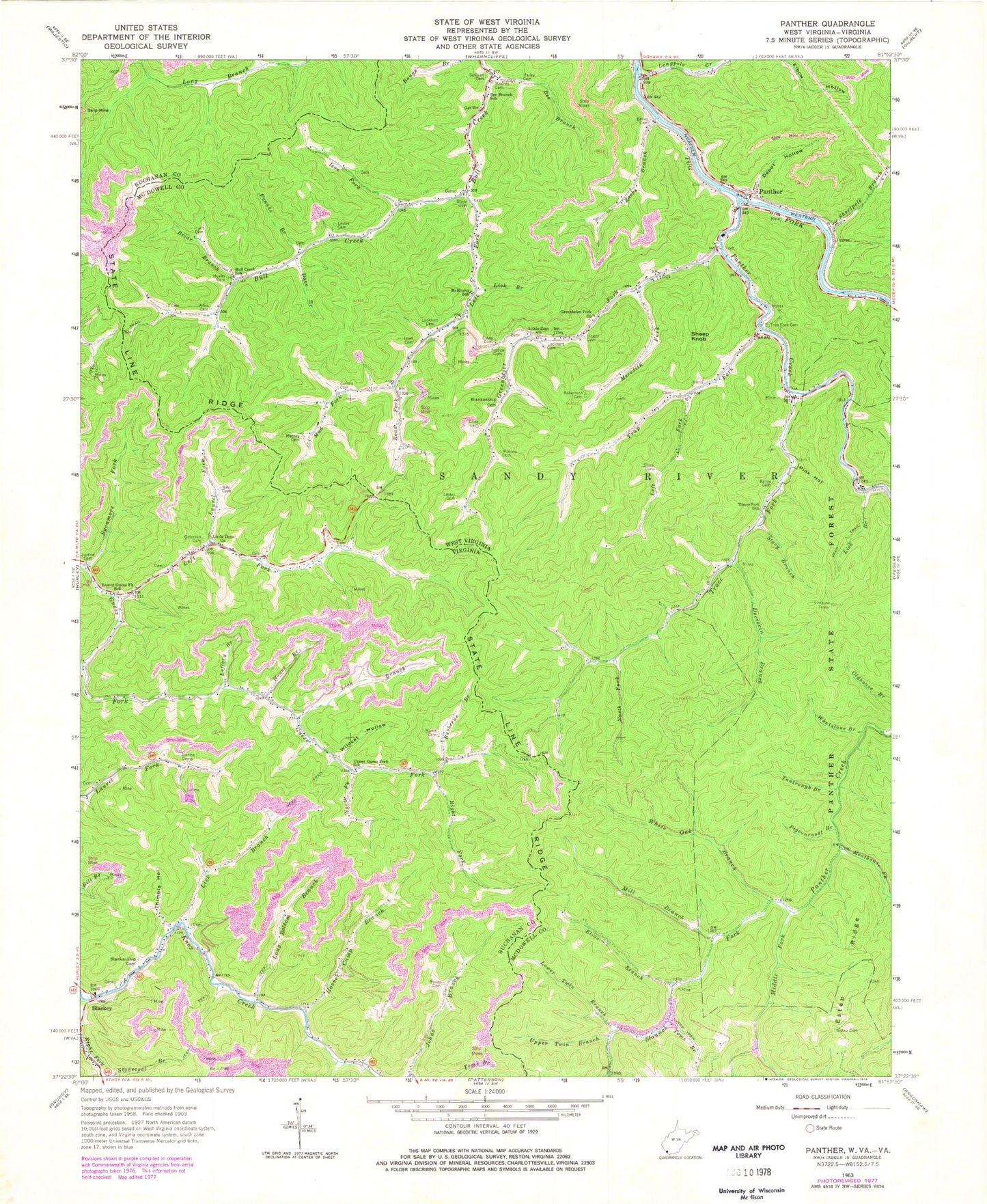 Classic USGS Panther West Virginia 7.5'x7.5' Topo Map Image