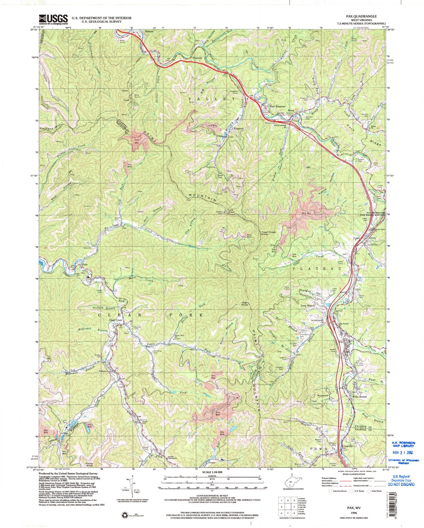 Classic USGS Pax West Virginia 7.5'x7.5' Topo Map Image