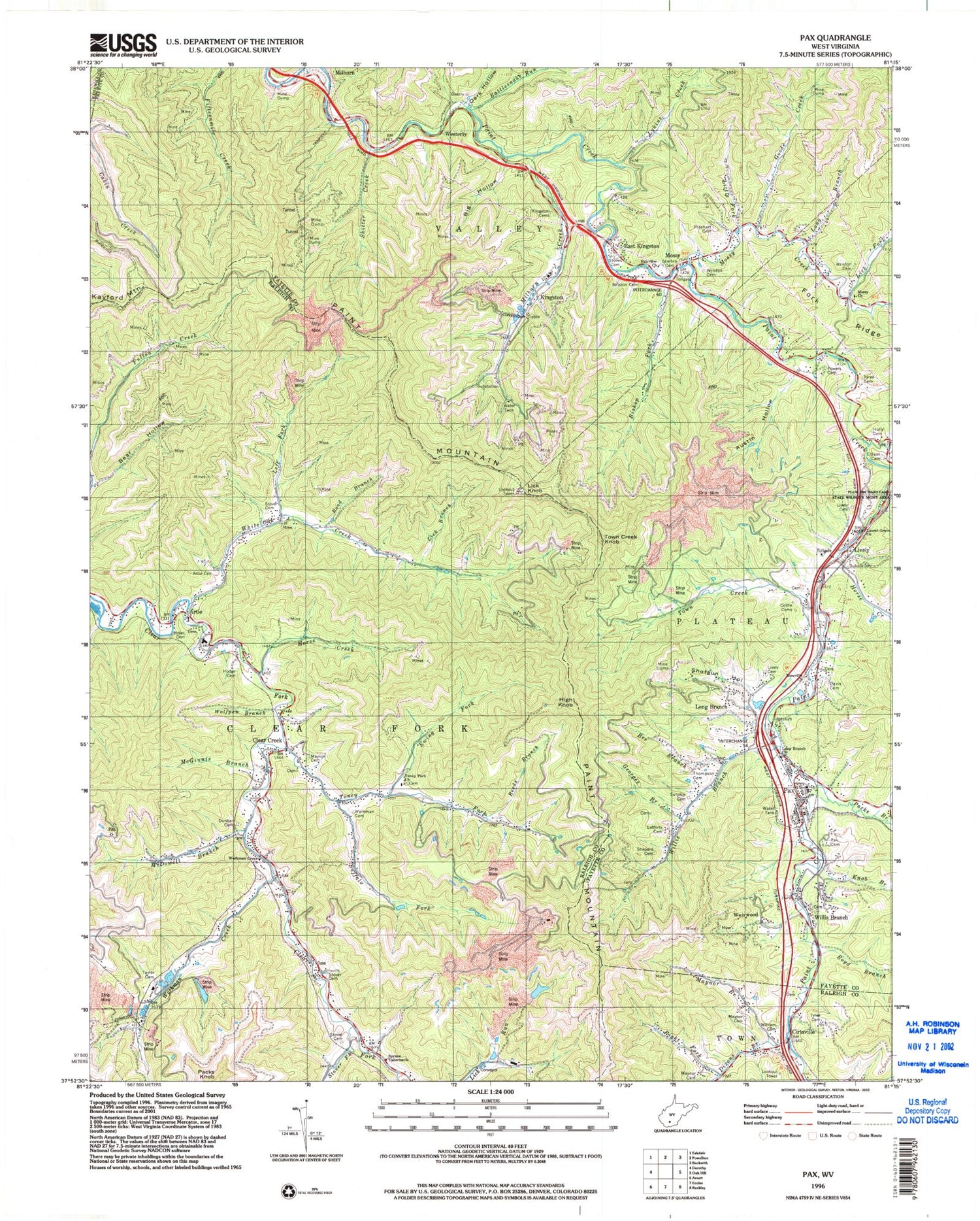 Classic USGS Pax West Virginia 7.5'x7.5' Topo Map Image