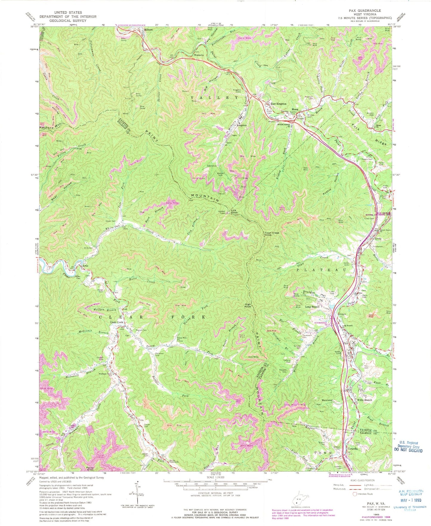 Classic USGS Pax West Virginia 7.5'x7.5' Topo Map Image