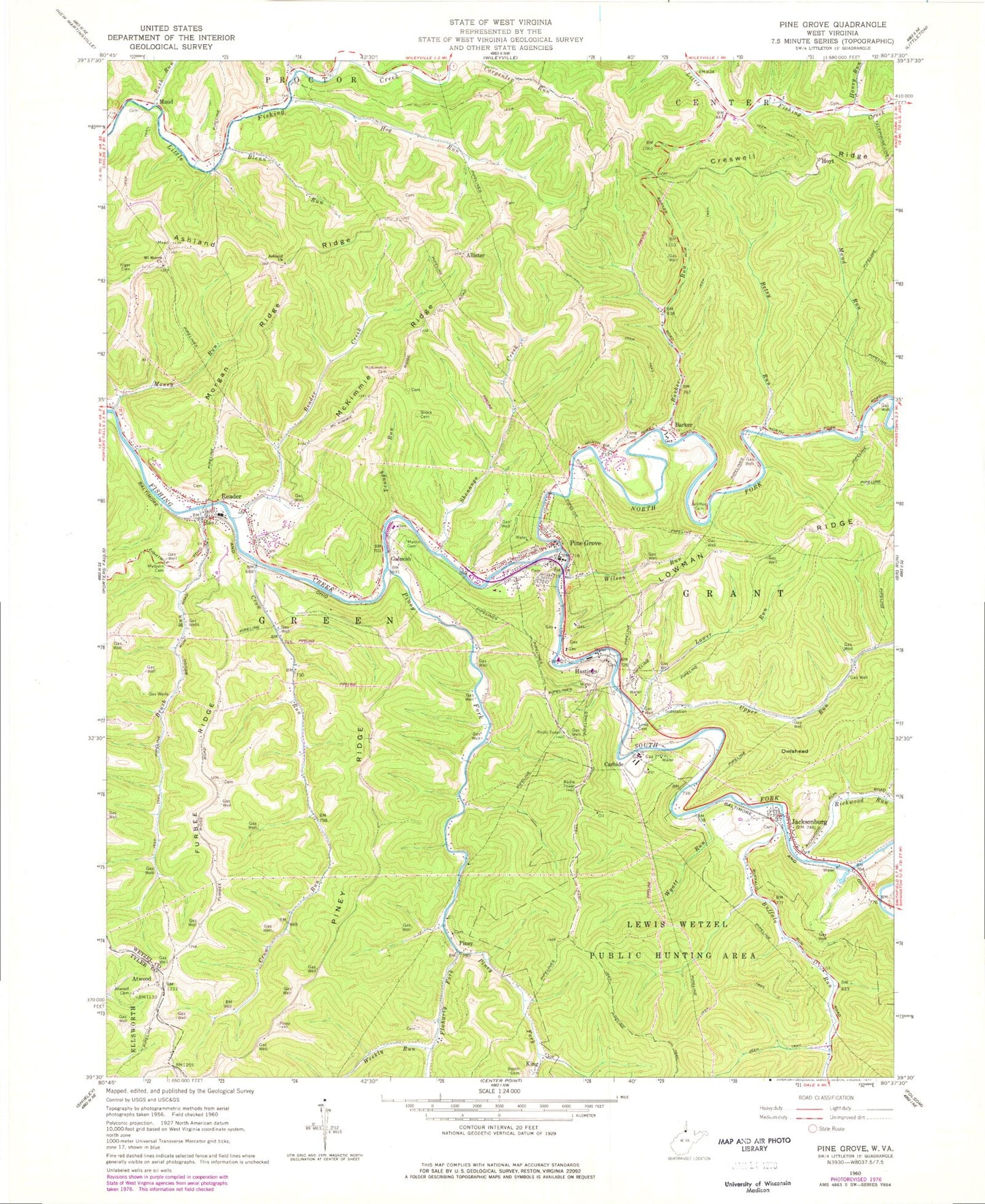 Classic USGS Pine Grove West Virginia 7.5'x7.5' Topo Map Image