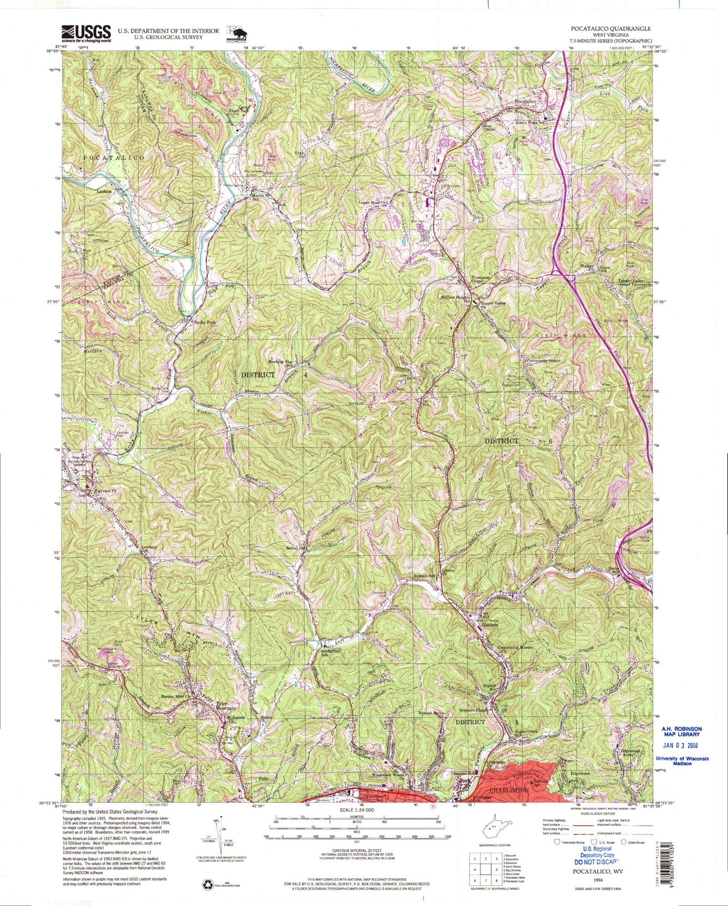 Classic USGS Pocatalico West Virginia 7.5'x7.5' Topo Map Image
