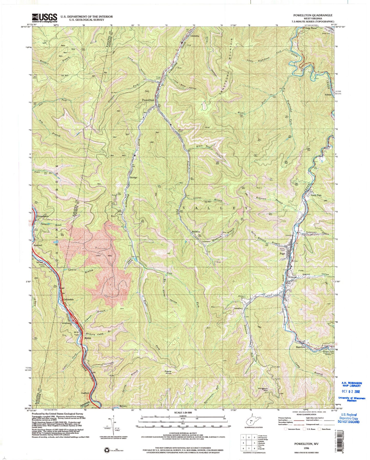 Classic USGS Powellton West Virginia 7.5'x7.5' Topo Map Image