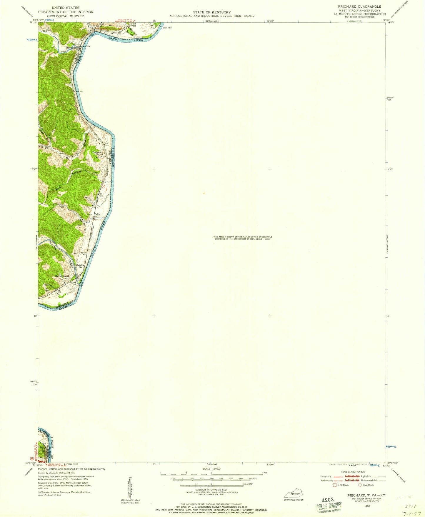 Classic USGS Prichard West Virginia 7.5'x7.5' Topo Map Image