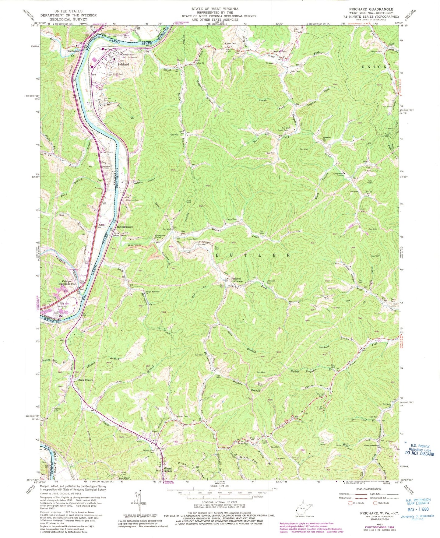 Classic USGS Prichard West Virginia 7.5'x7.5' Topo Map Image