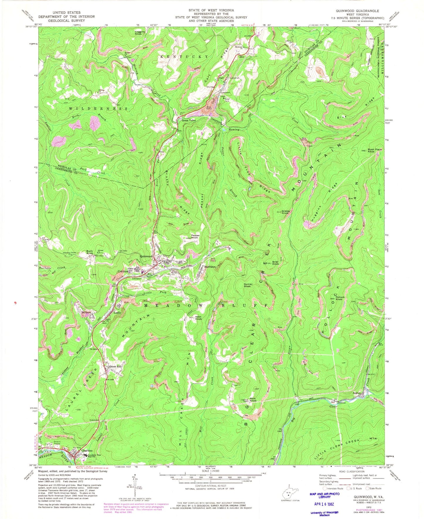 Classic USGS Quinwood West Virginia 7.5'x7.5' Topo Map Image