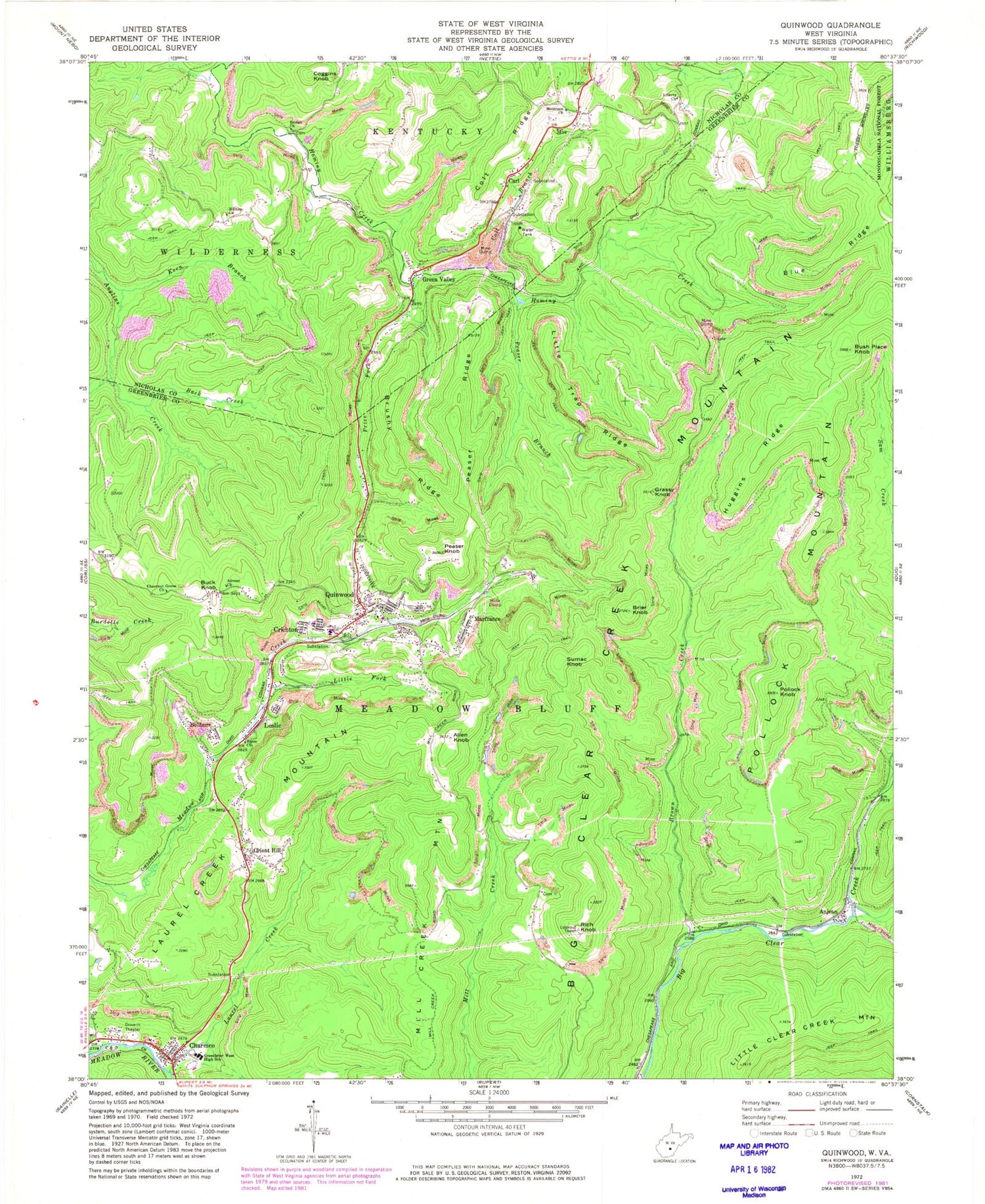 Classic USGS Quinwood West Virginia 7.5'x7.5' Topo Map Image