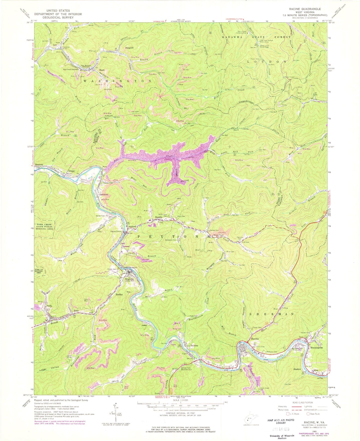 Classic USGS Racine West Virginia 7.5'x7.5' Topo Map Image