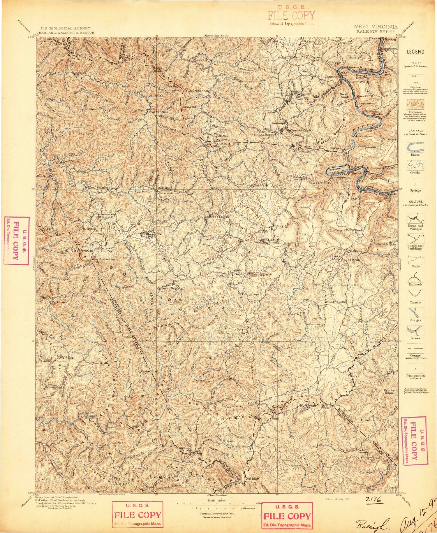 Historic 1897 Raleigh West Virginia 30'x30' Topo Map Image