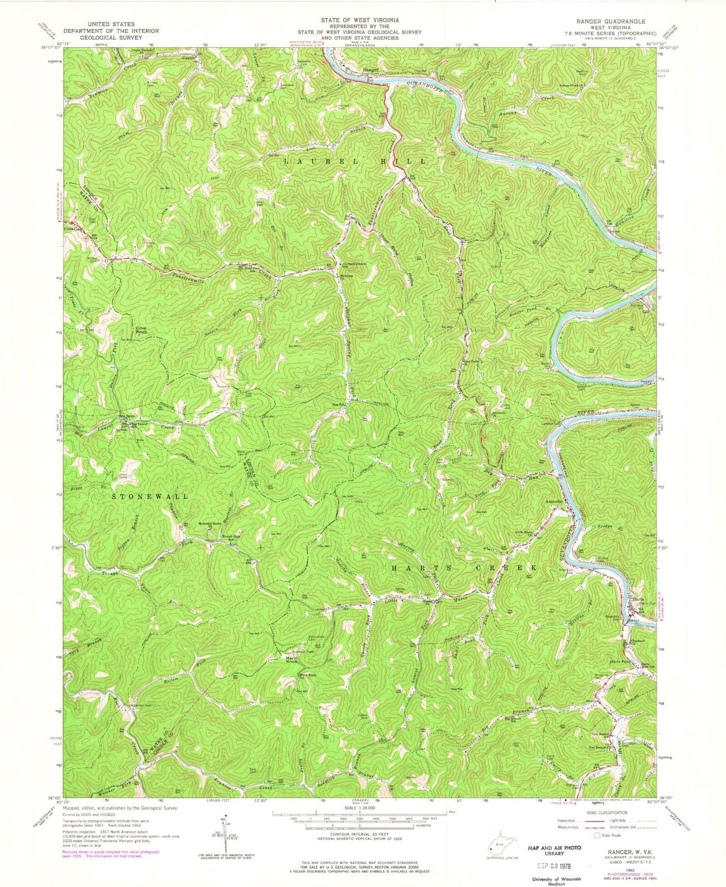 Classic USGS Ranger West Virginia 7.5'x7.5' Topo Map Image