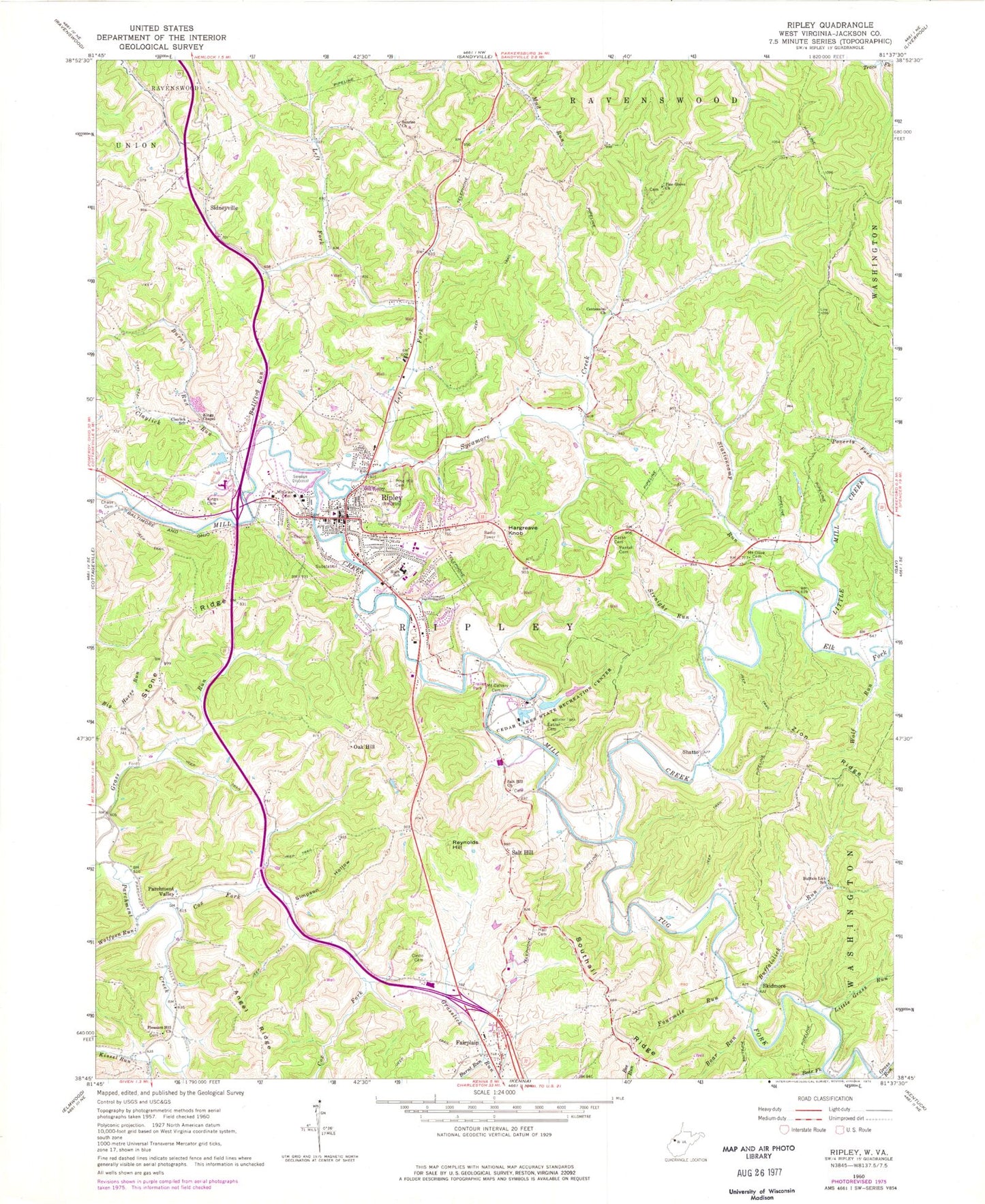 Classic USGS Ripley West Virginia 7.5'x7.5' Topo Map Image