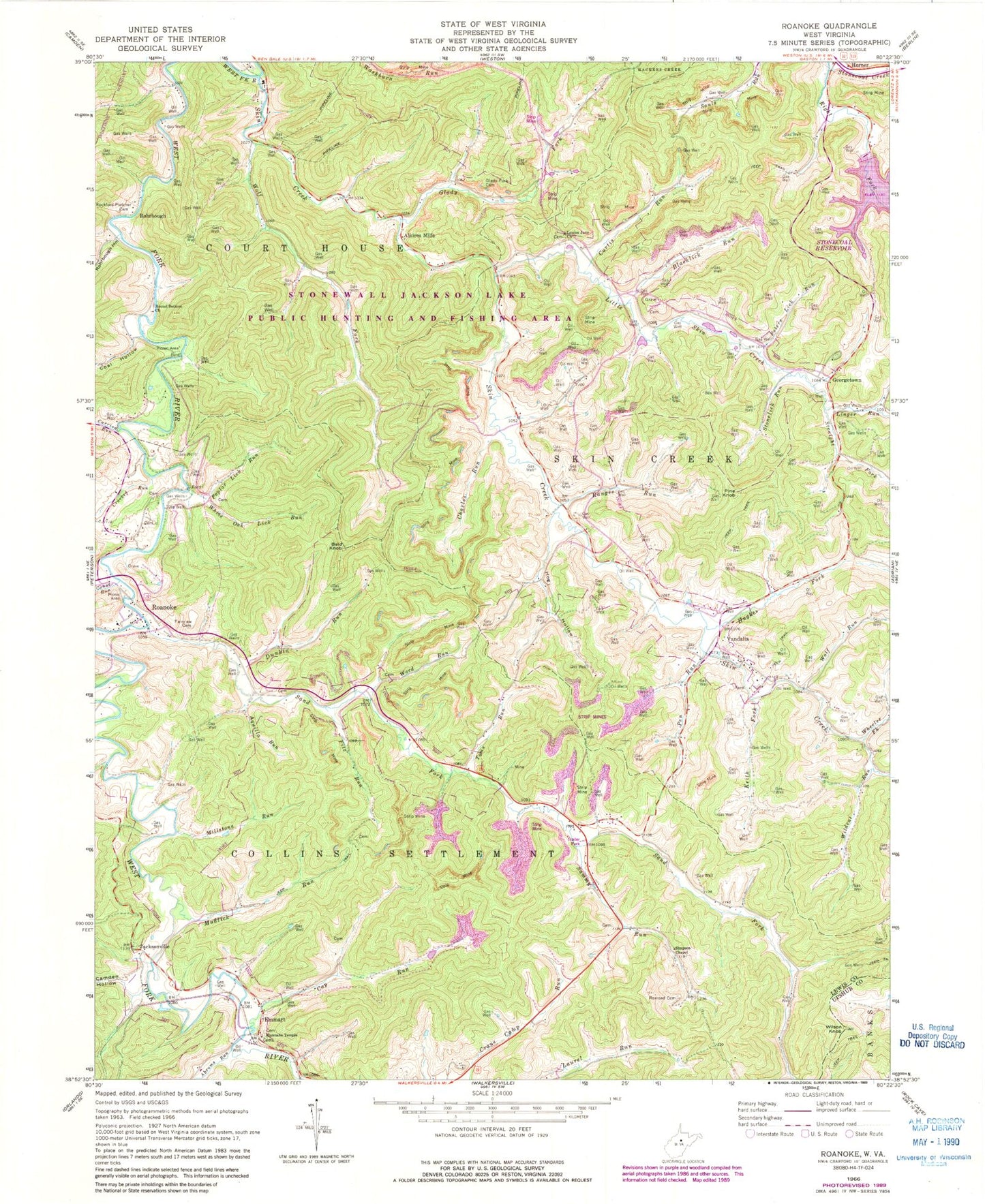 Classic USGS Roanoke West Virginia 7.5'x7.5' Topo Map Image