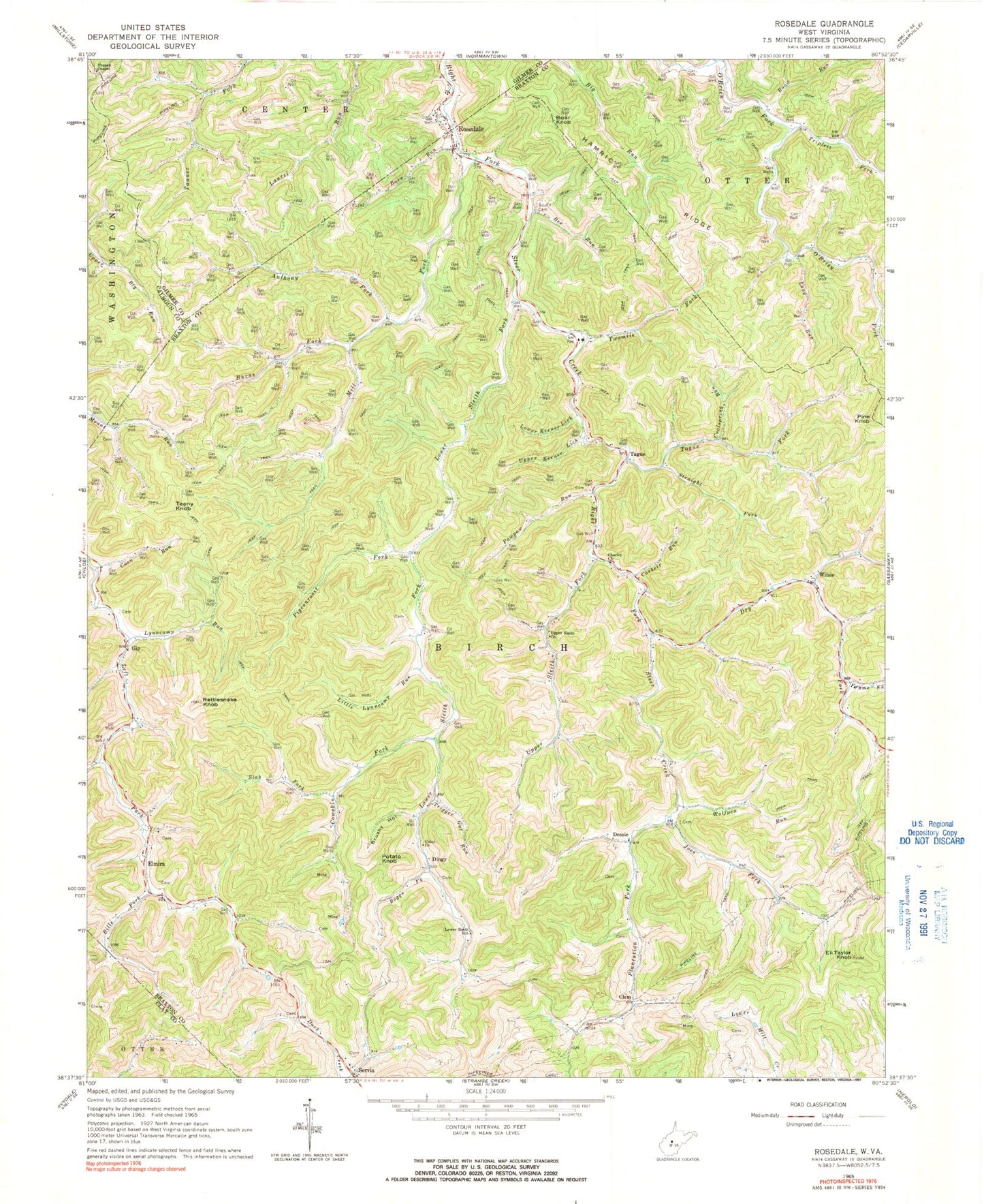Classic USGS Rosedale West Virginia 7.5'x7.5' Topo Map Image