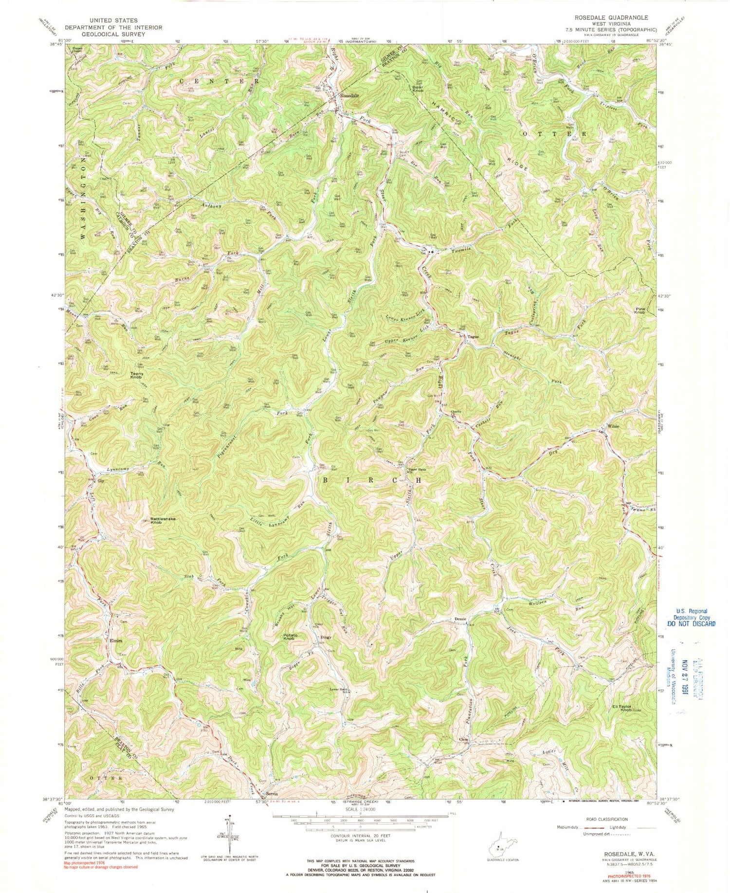 Classic USGS Rosedale West Virginia 7.5'x7.5' Topo Map Image
