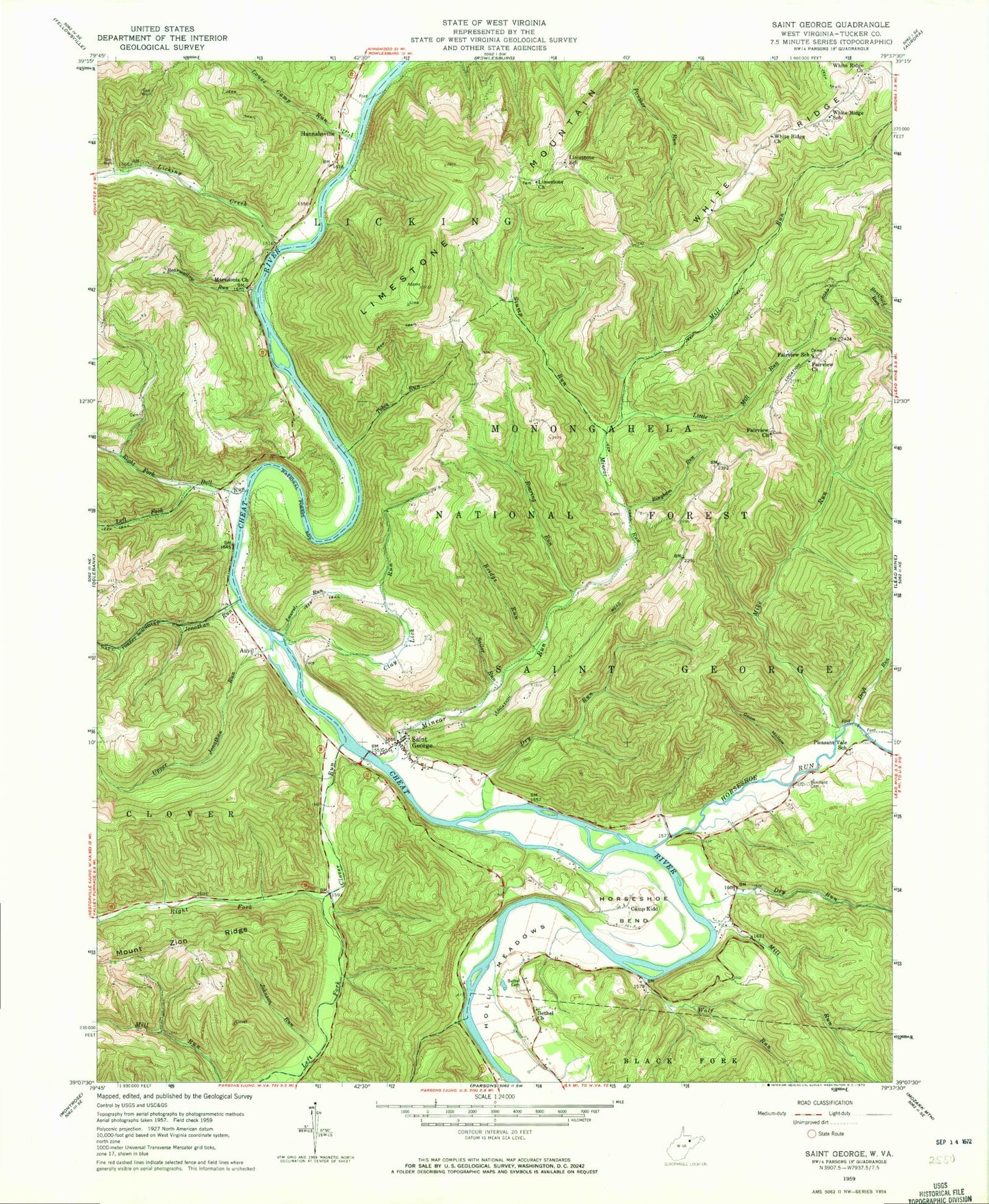 Classic USGS Saint George West Virginia 7.5'x7.5' Topo Map Image