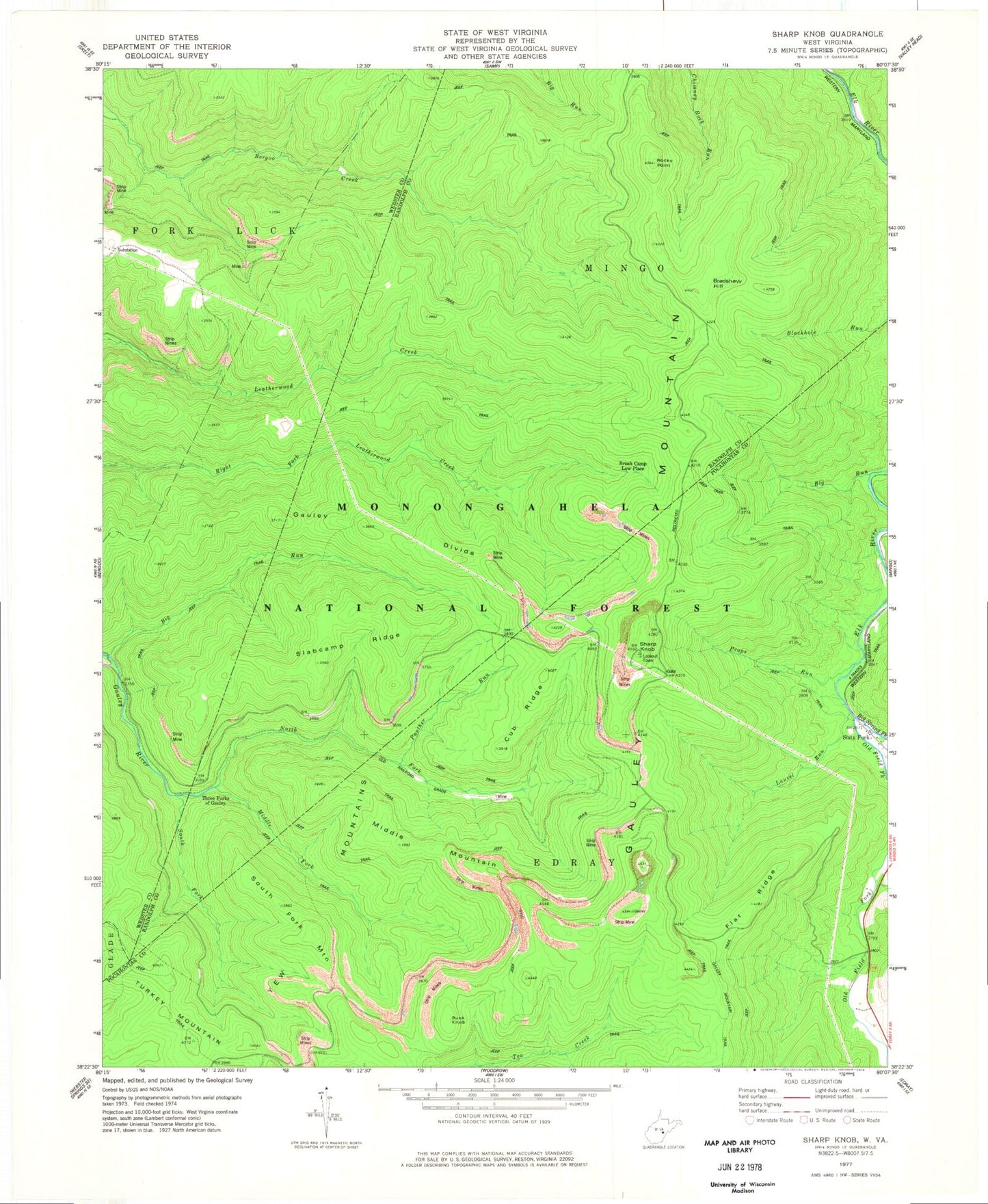 Classic USGS Sharp Knob West Virginia 7.5'x7.5' Topo Map Image