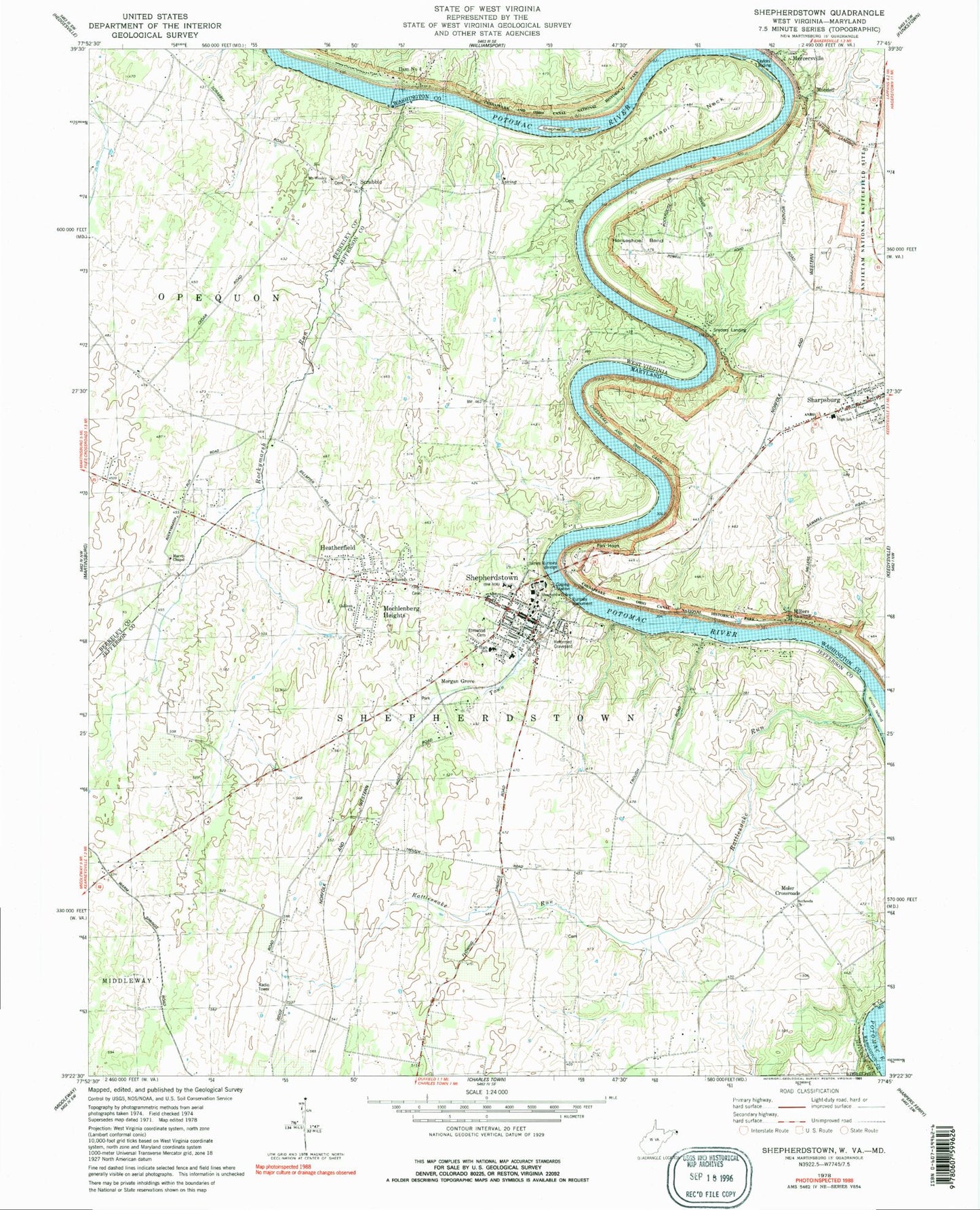 Classic USGS Shepherdstown West Virginia 7.5'x7.5' Topo Map Image