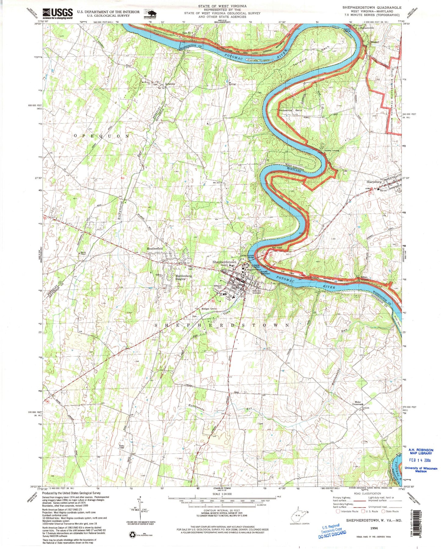 Classic USGS Shepherdstown West Virginia 7.5'x7.5' Topo Map Image