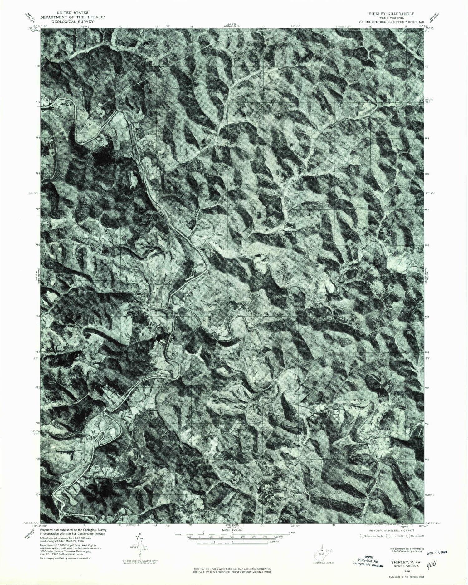 Classic USGS Shirley West Virginia 7.5'x7.5' Topo Map Image