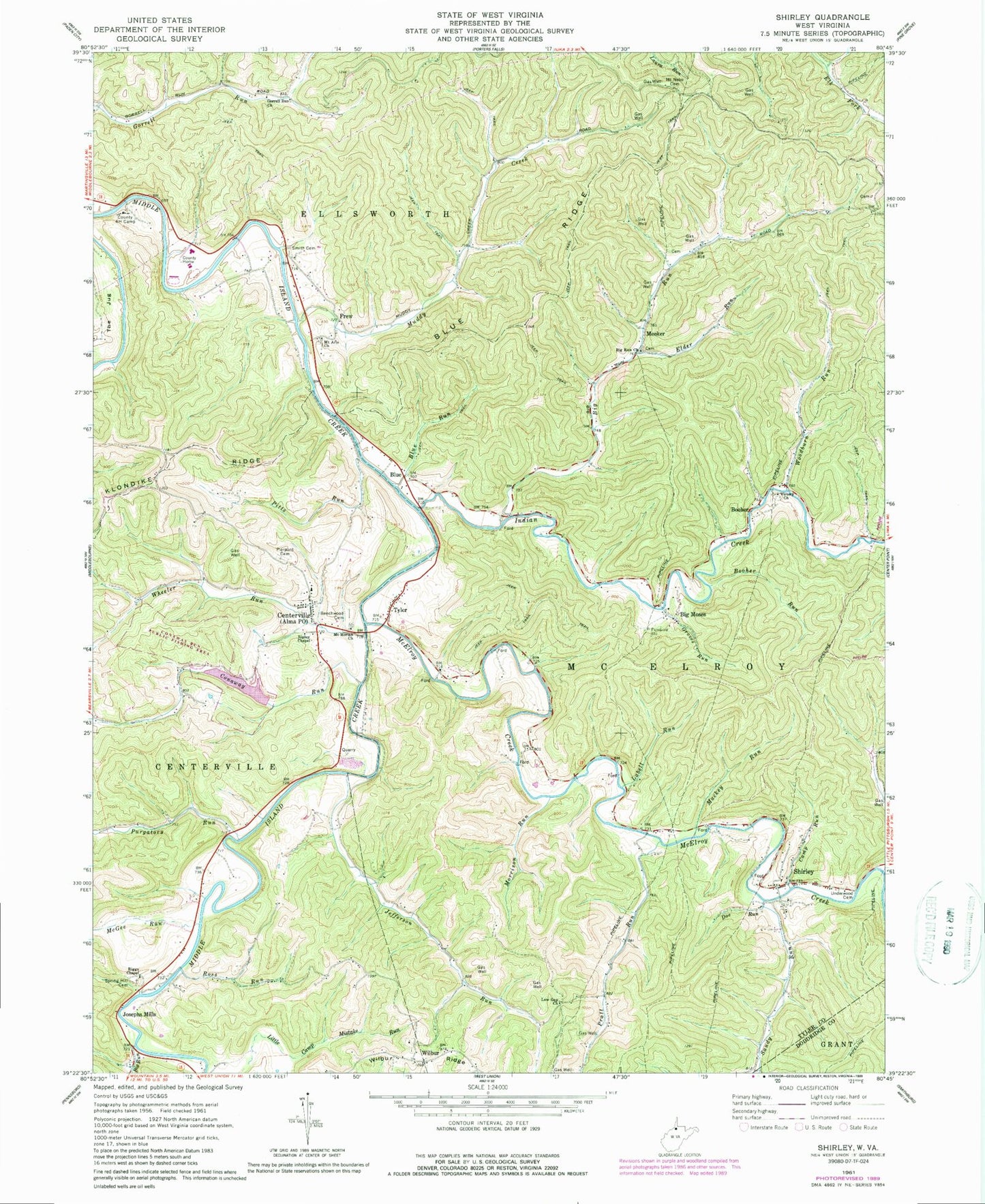 Classic USGS Shirley West Virginia 7.5'x7.5' Topo Map Image