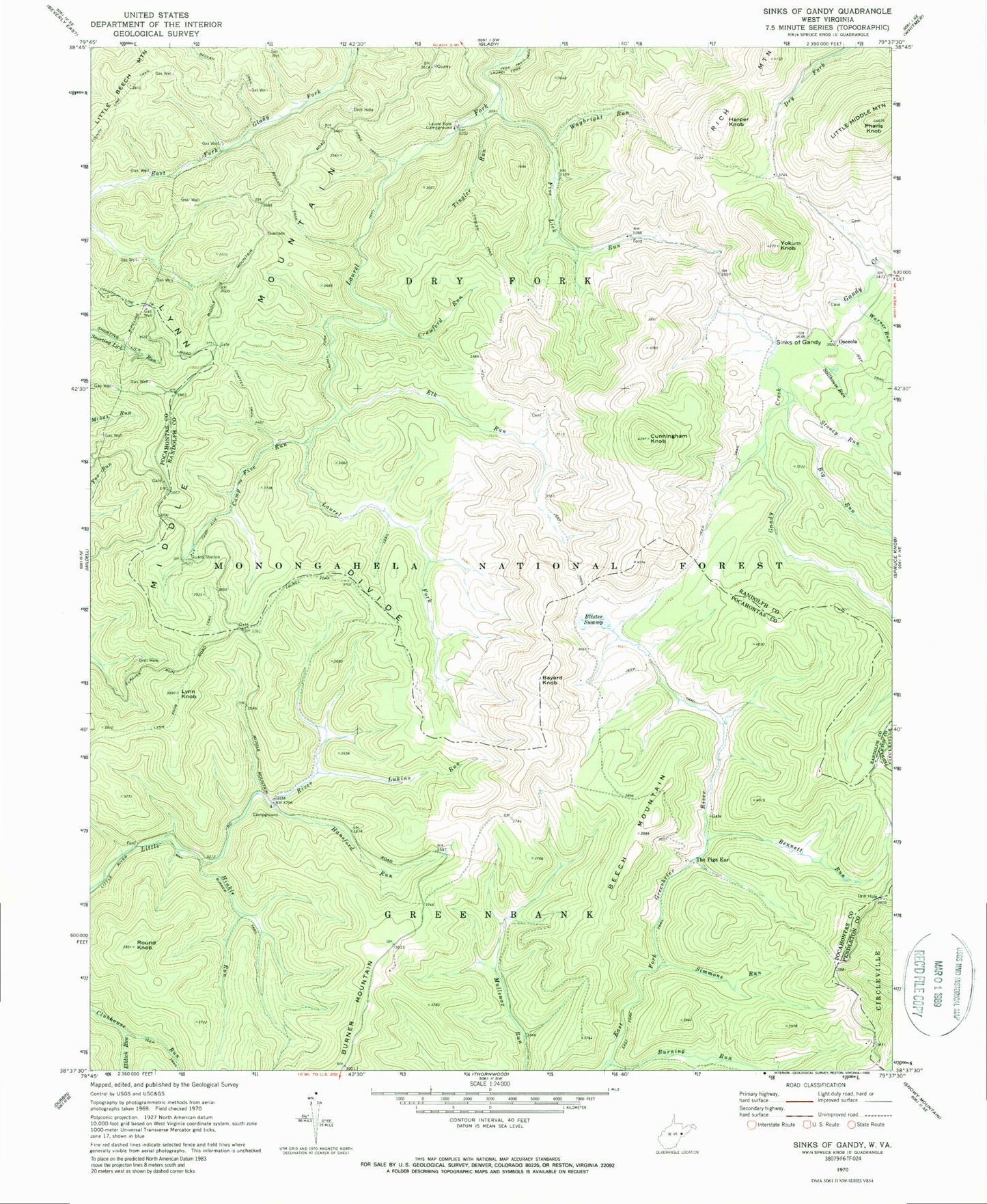 Classic USGS Sinks of Gandy West Virginia 7.5'x7.5' Topo Map Image