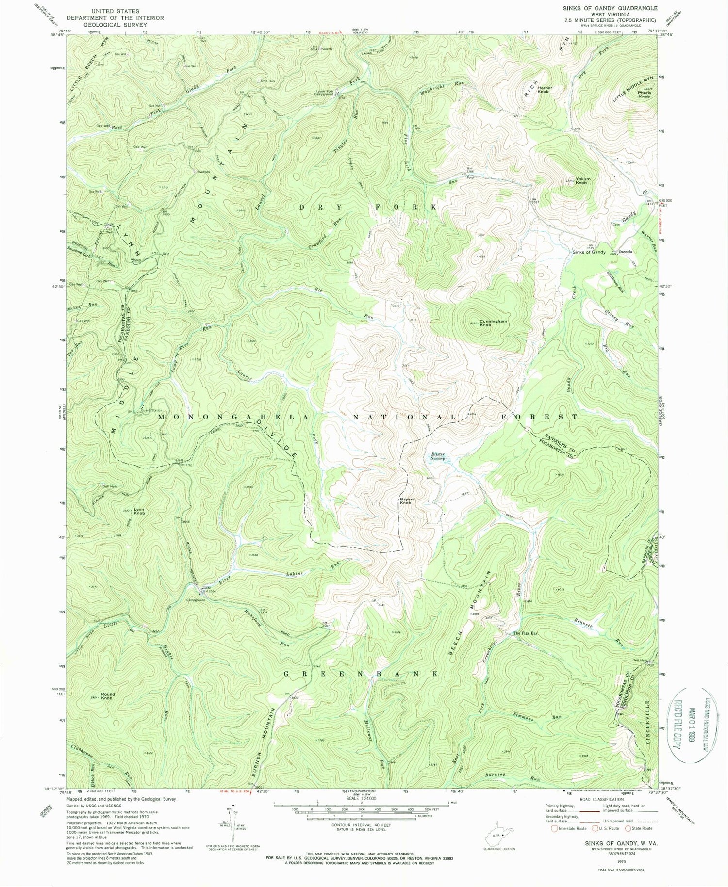 Classic USGS Sinks of Gandy West Virginia 7.5'x7.5' Topo Map Image