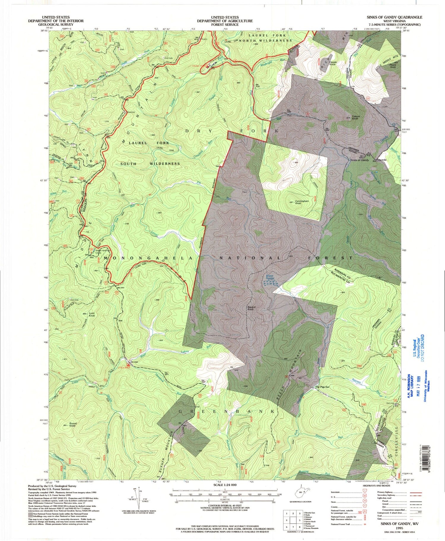 Classic USGS Sinks of Gandy West Virginia 7.5'x7.5' Topo Map Image