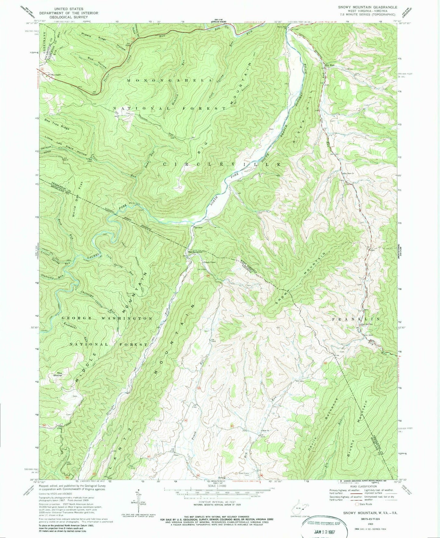 Classic USGS Snowy Mountain West Virginia 7.5'x7.5' Topo Map Image