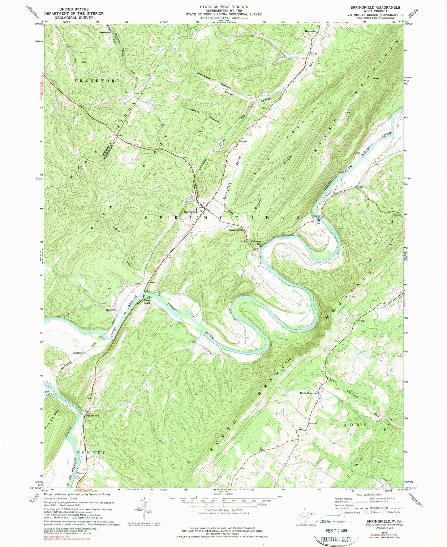 Classic USGS Springfield West Virginia 7.5'x7.5' Topo Map Image