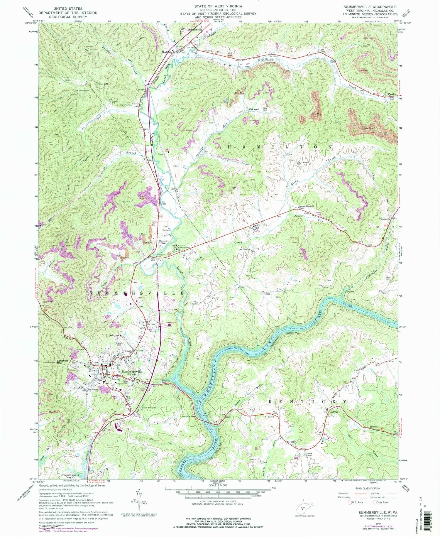 Classic USGS Summersville West Virginia 7.5'x7.5' Topo Map Image