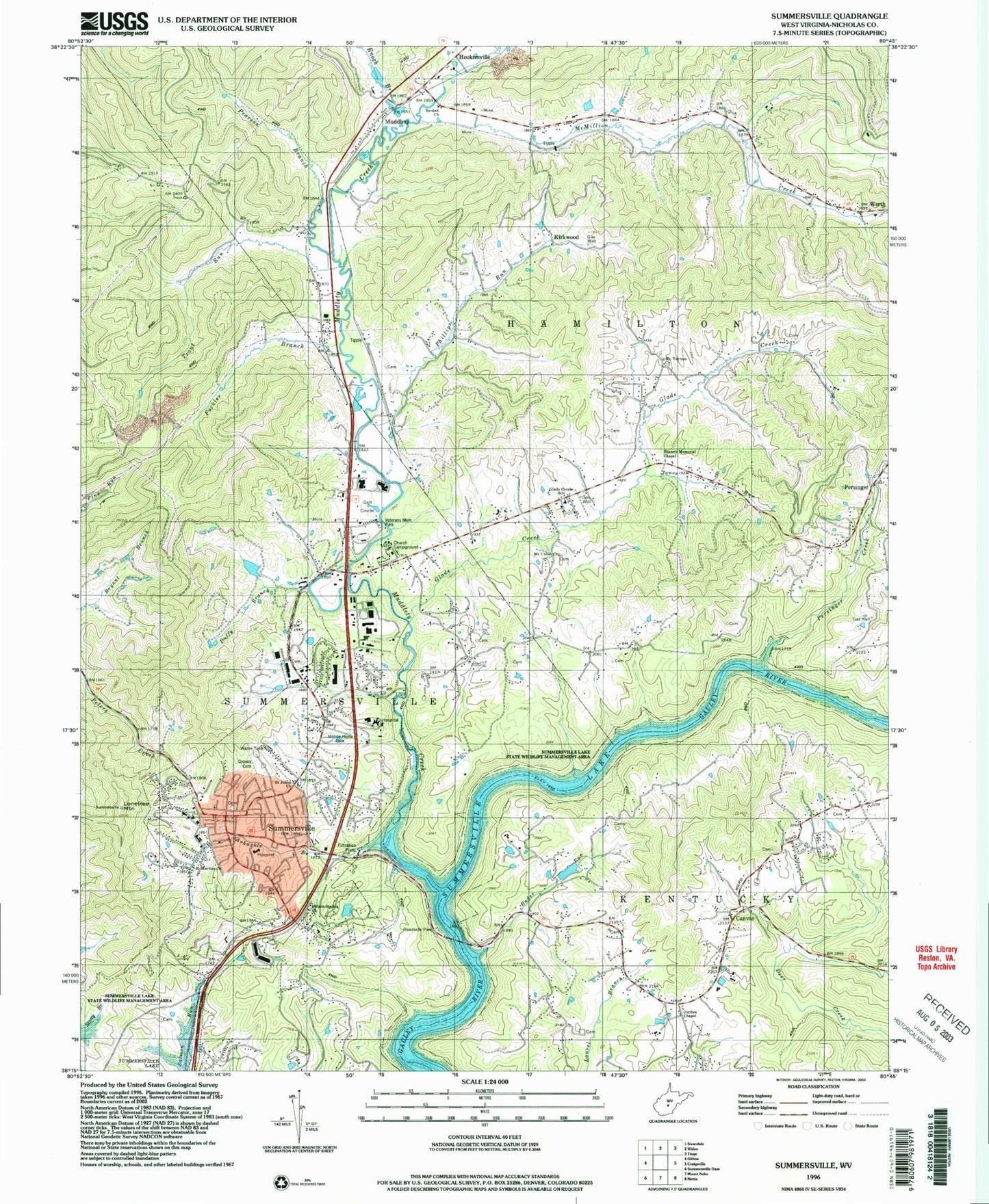 Classic USGS Summersville West Virginia 7.5'x7.5' Topo Map Image