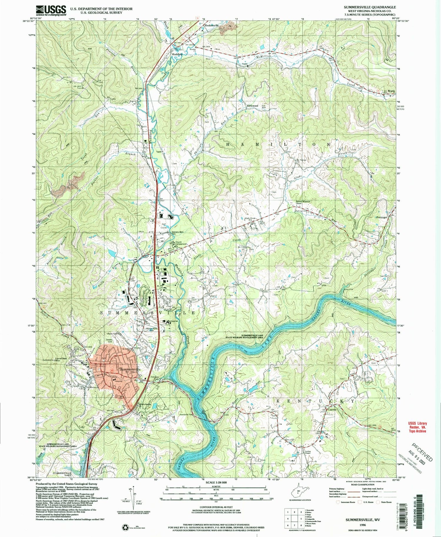 Classic USGS Summersville West Virginia 7.5'x7.5' Topo Map Image