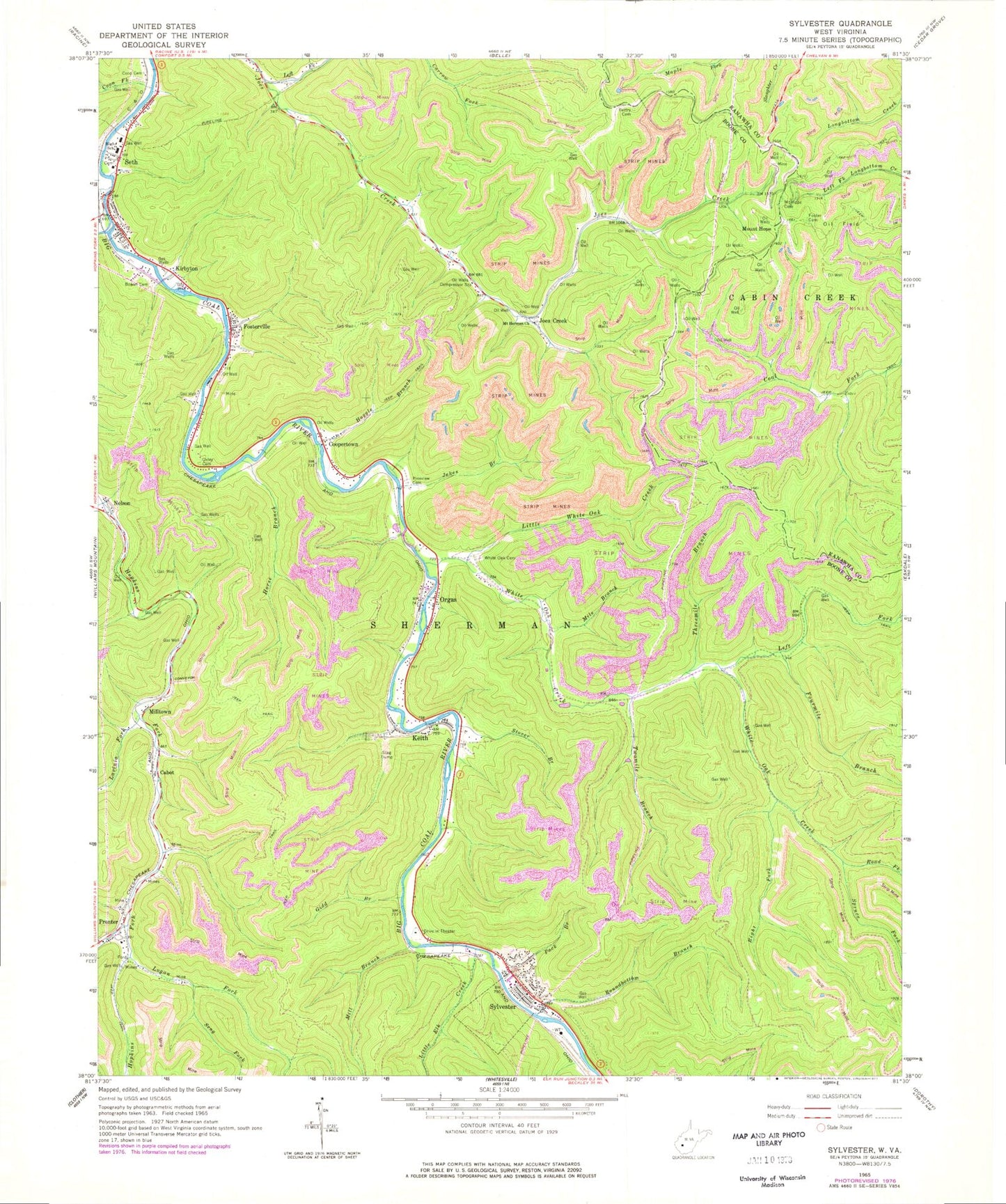Classic USGS Sylvester West Virginia 7.5'x7.5' Topo Map Image