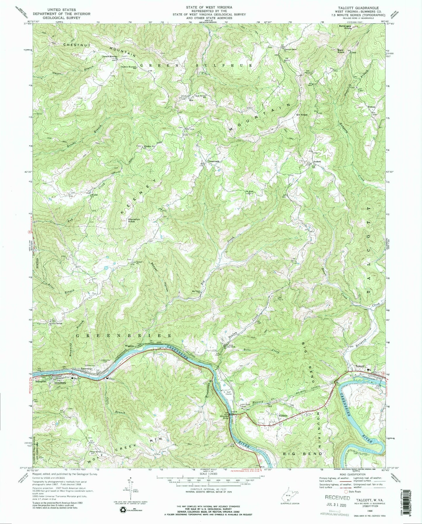 Classic USGS Talcott West Virginia 7.5'x7.5' Topo Map Image