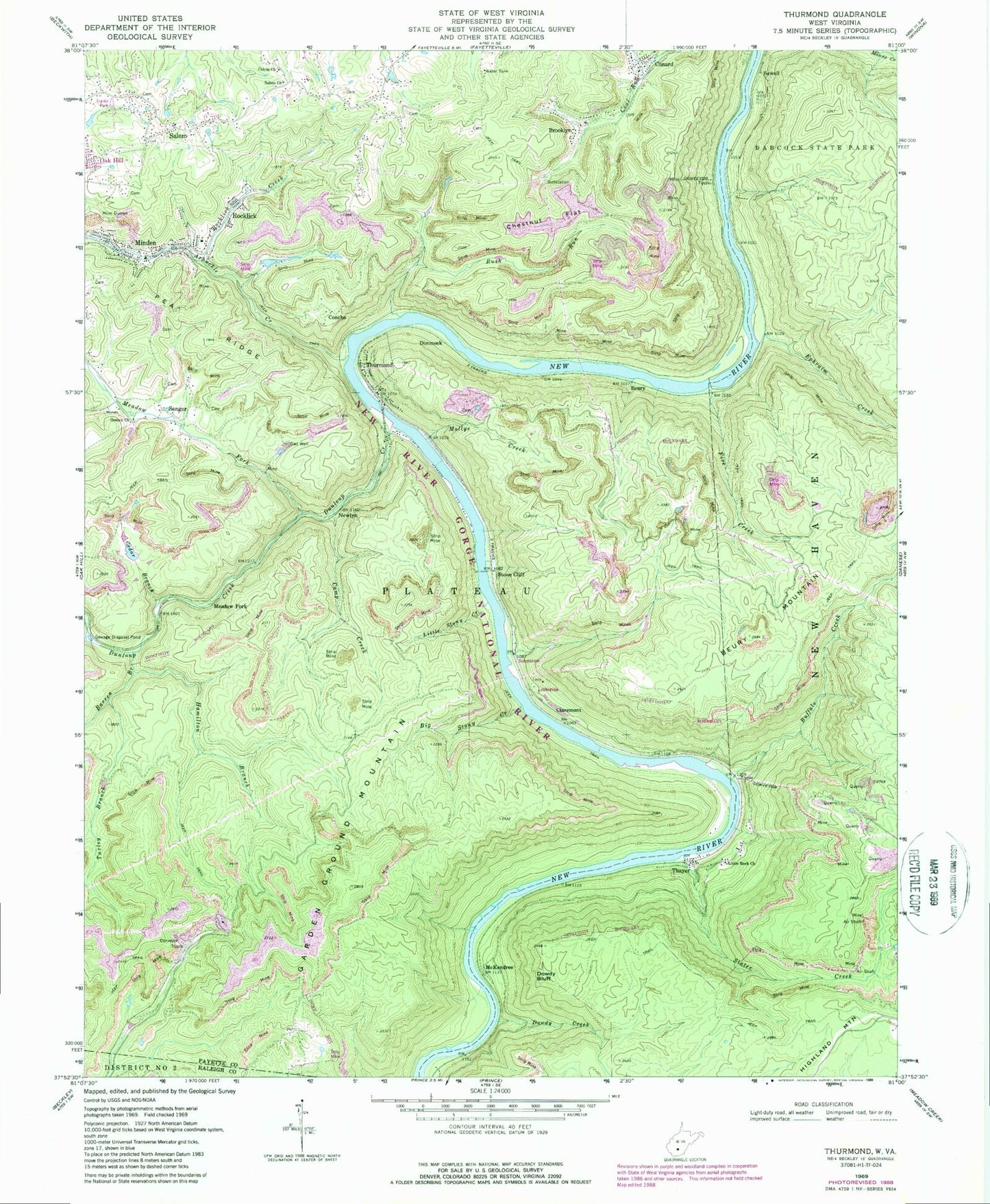 Classic USGS Thurmond West Virginia 7.5'x7.5' Topo Map Image