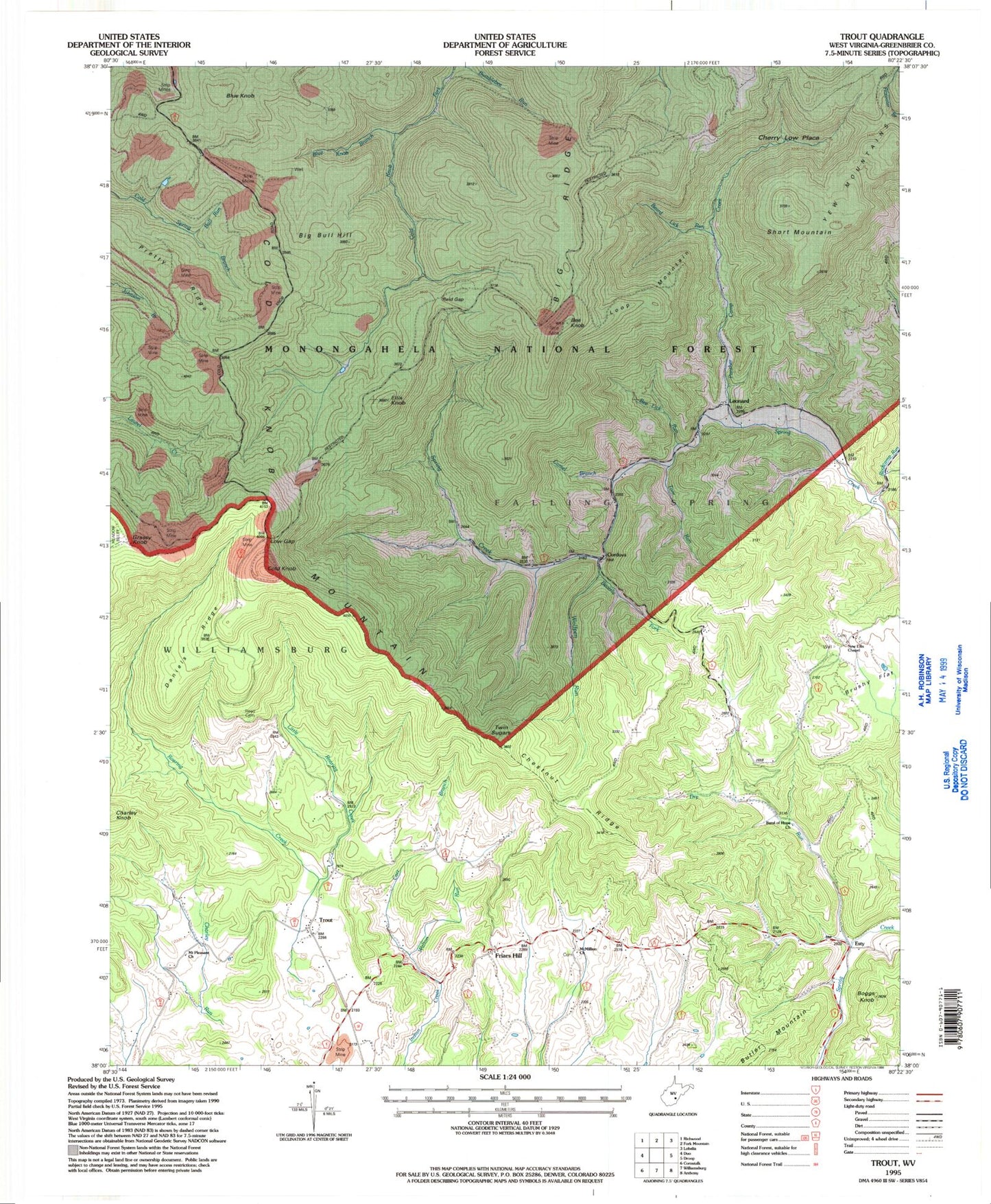 Classic USGS Trout West Virginia 7.5'x7.5' Topo Map Image