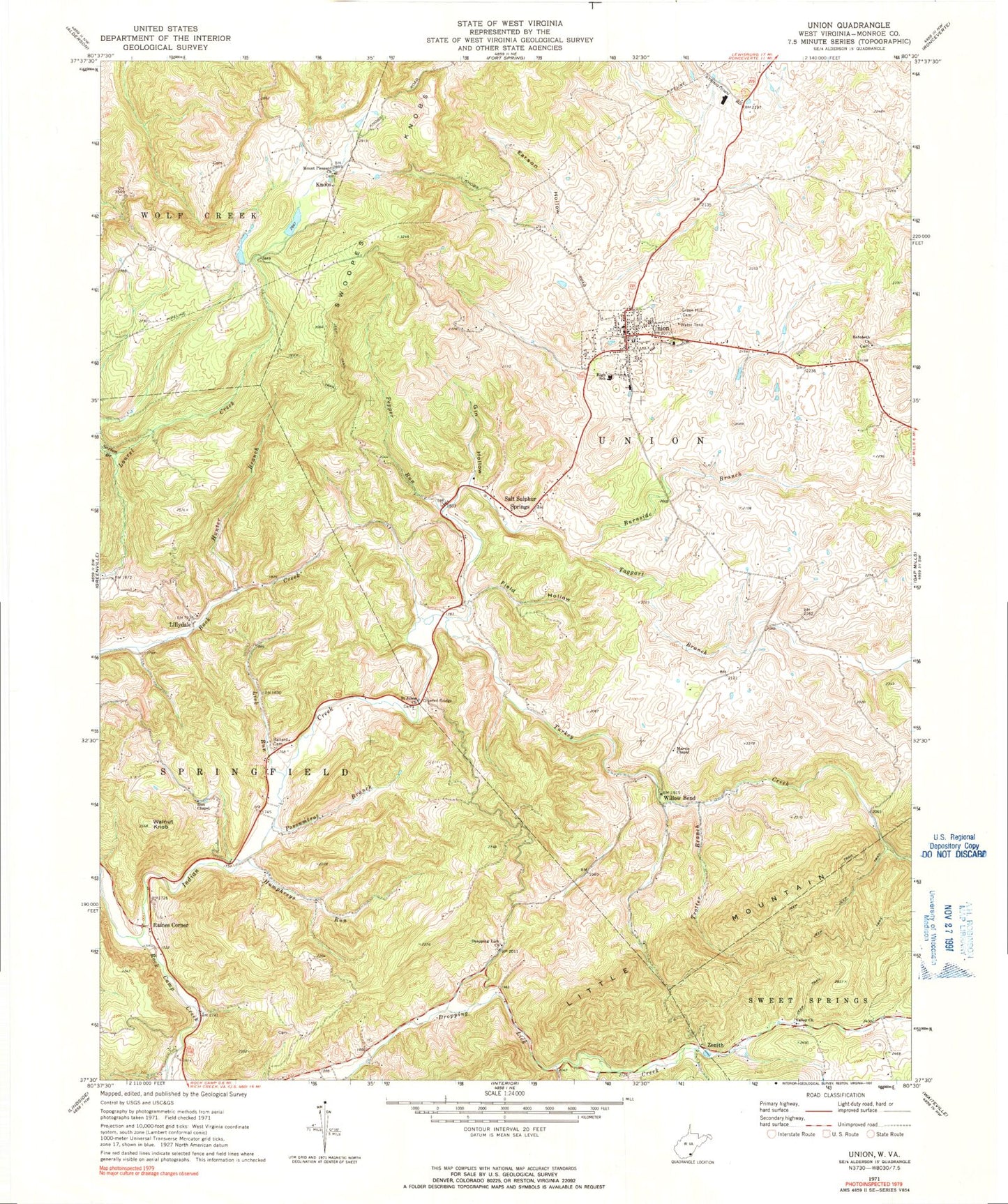 Classic USGS Union West Virginia 7.5'x7.5' Topo Map Image
