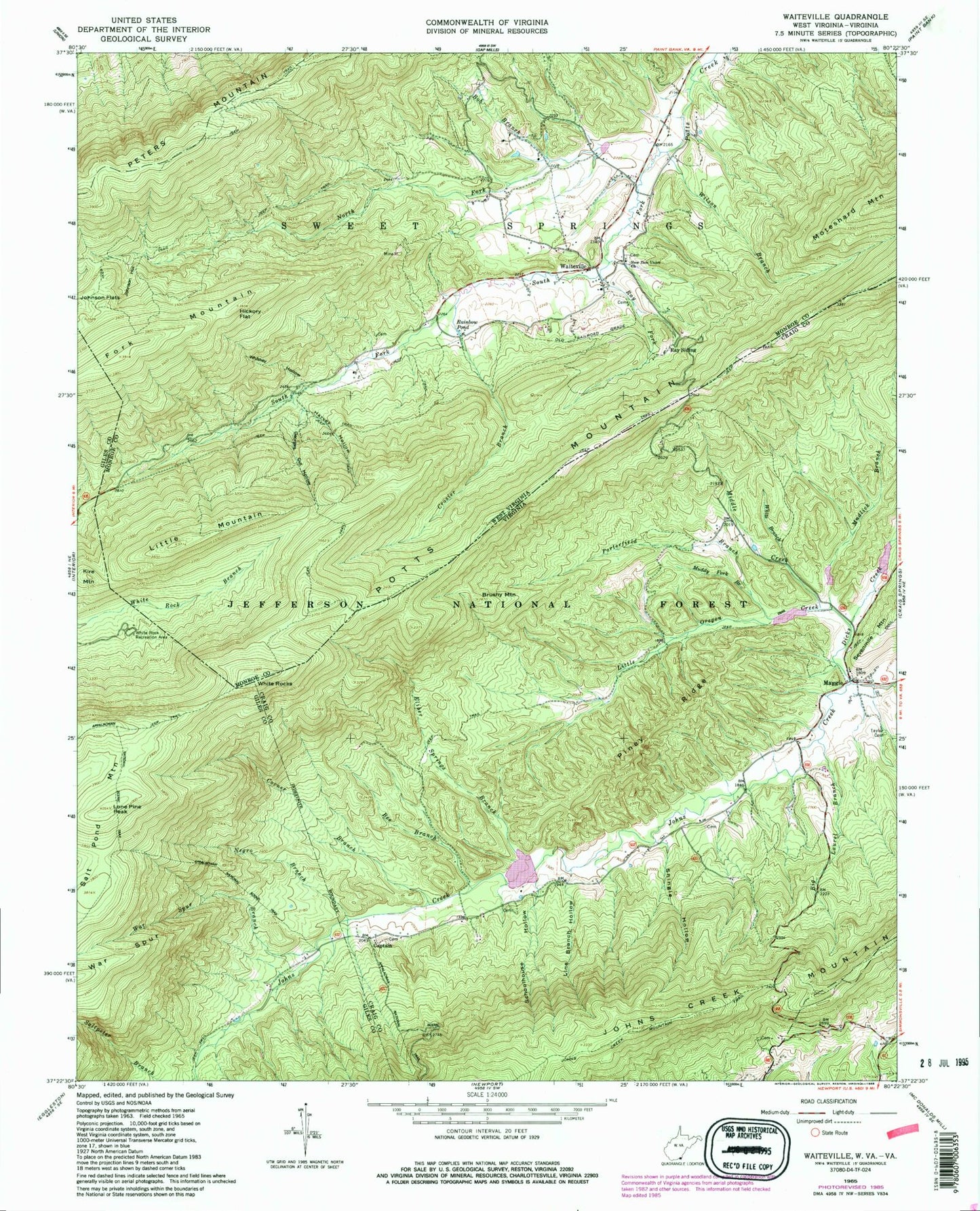 Classic USGS Waiteville West Virginia 7.5'x7.5' Topo Map Image