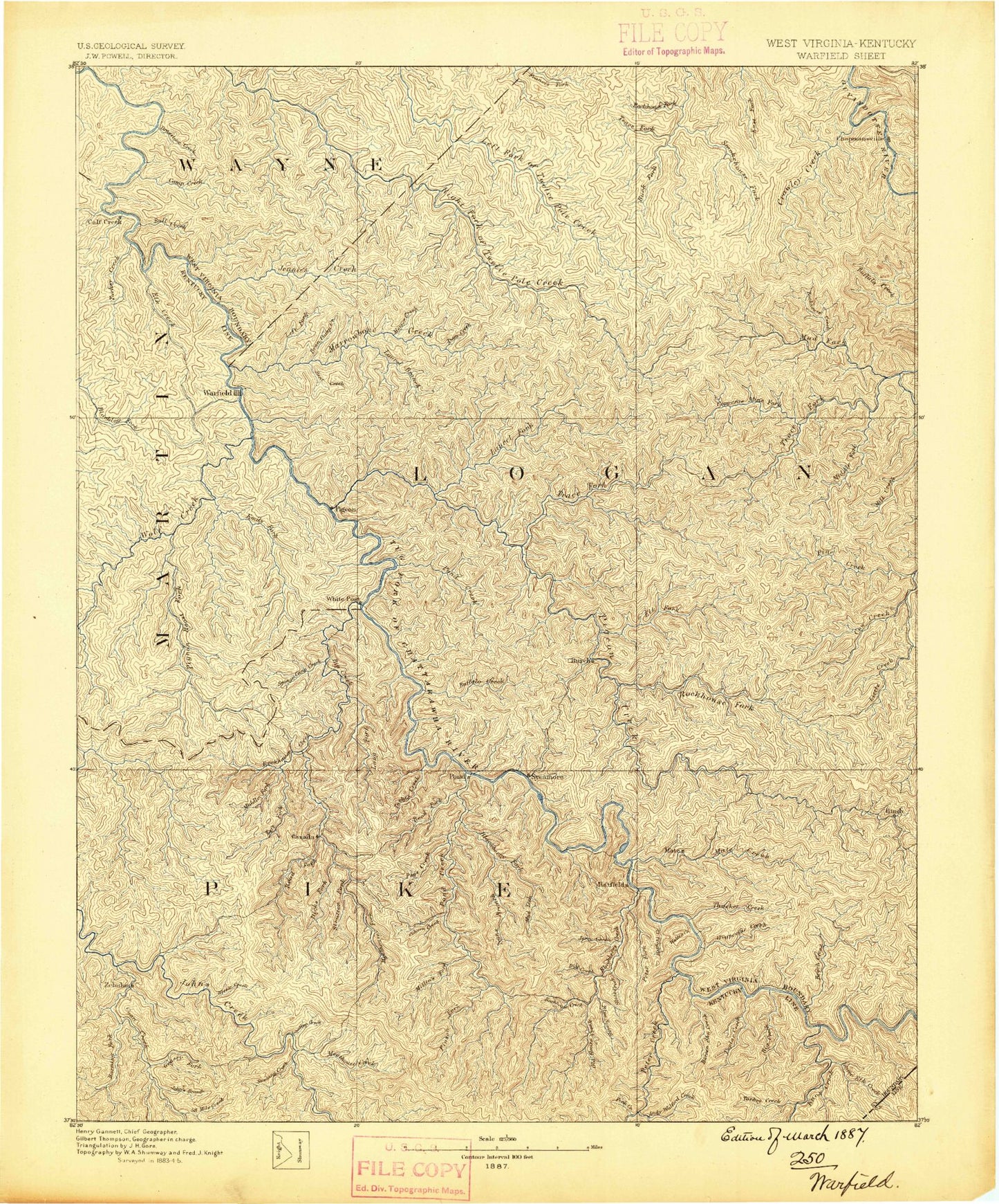 Historic 1887 Warfield West Virginia 30'x30' Topo Map Image