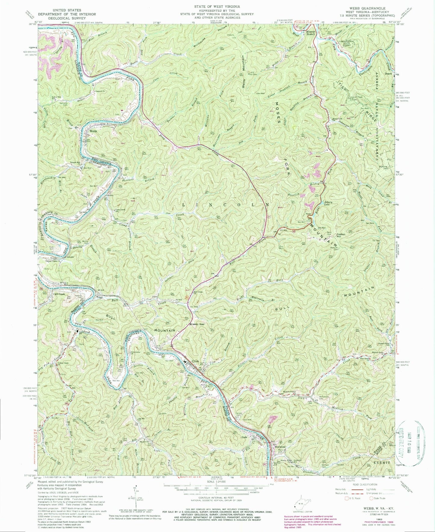 Classic USGS Webb West Virginia 7.5'x7.5' Topo Map Image