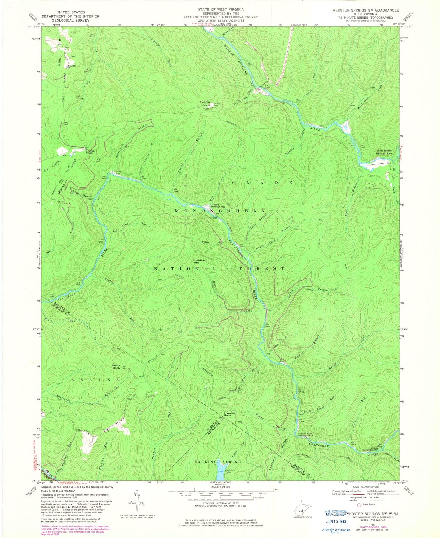 Classic USGS Webster Springs SW West Virginia 7.5'x7.5' Topo Map Image