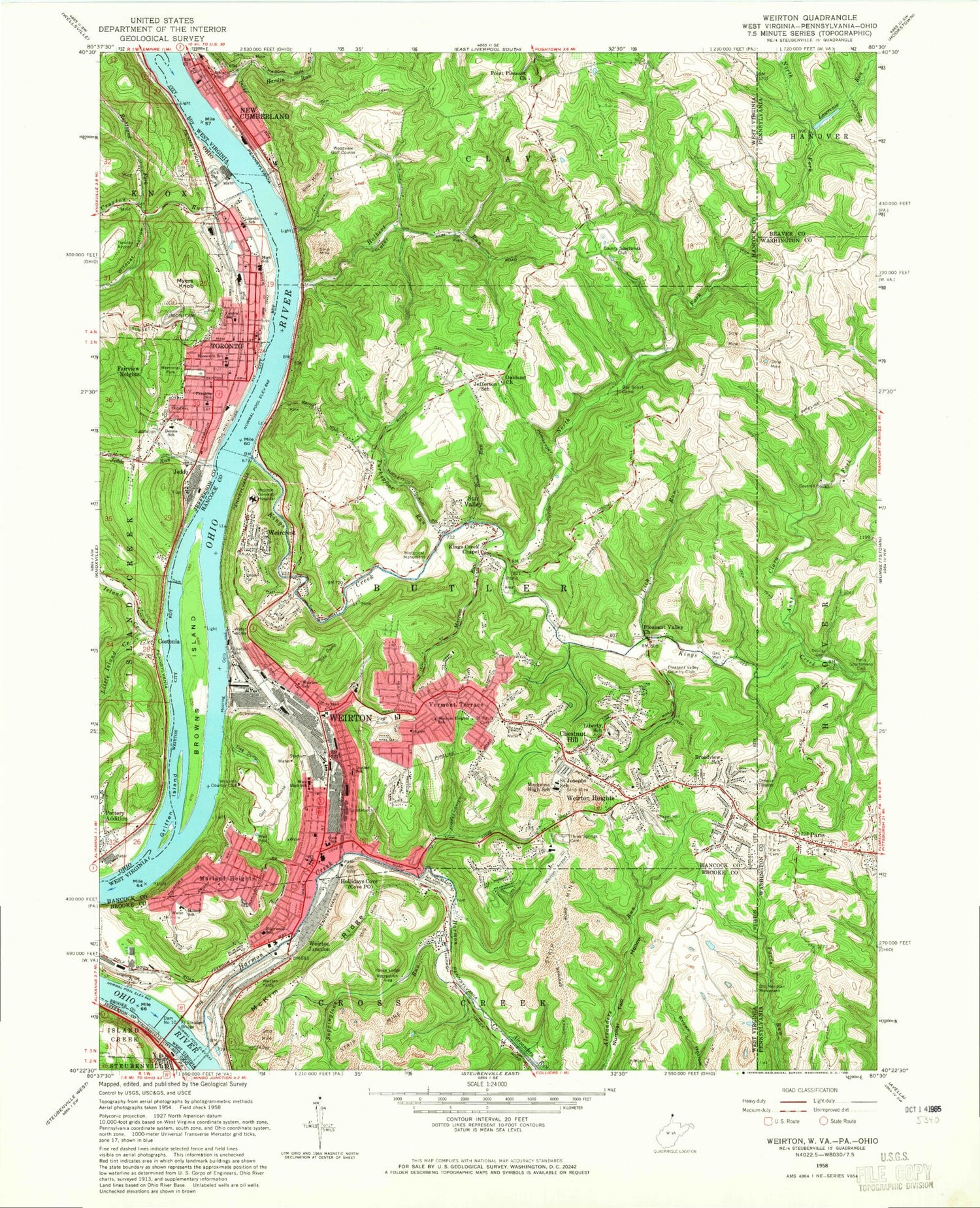 Classic USGS Weirton West Virginia 7.5'x7.5' Topo Map Image