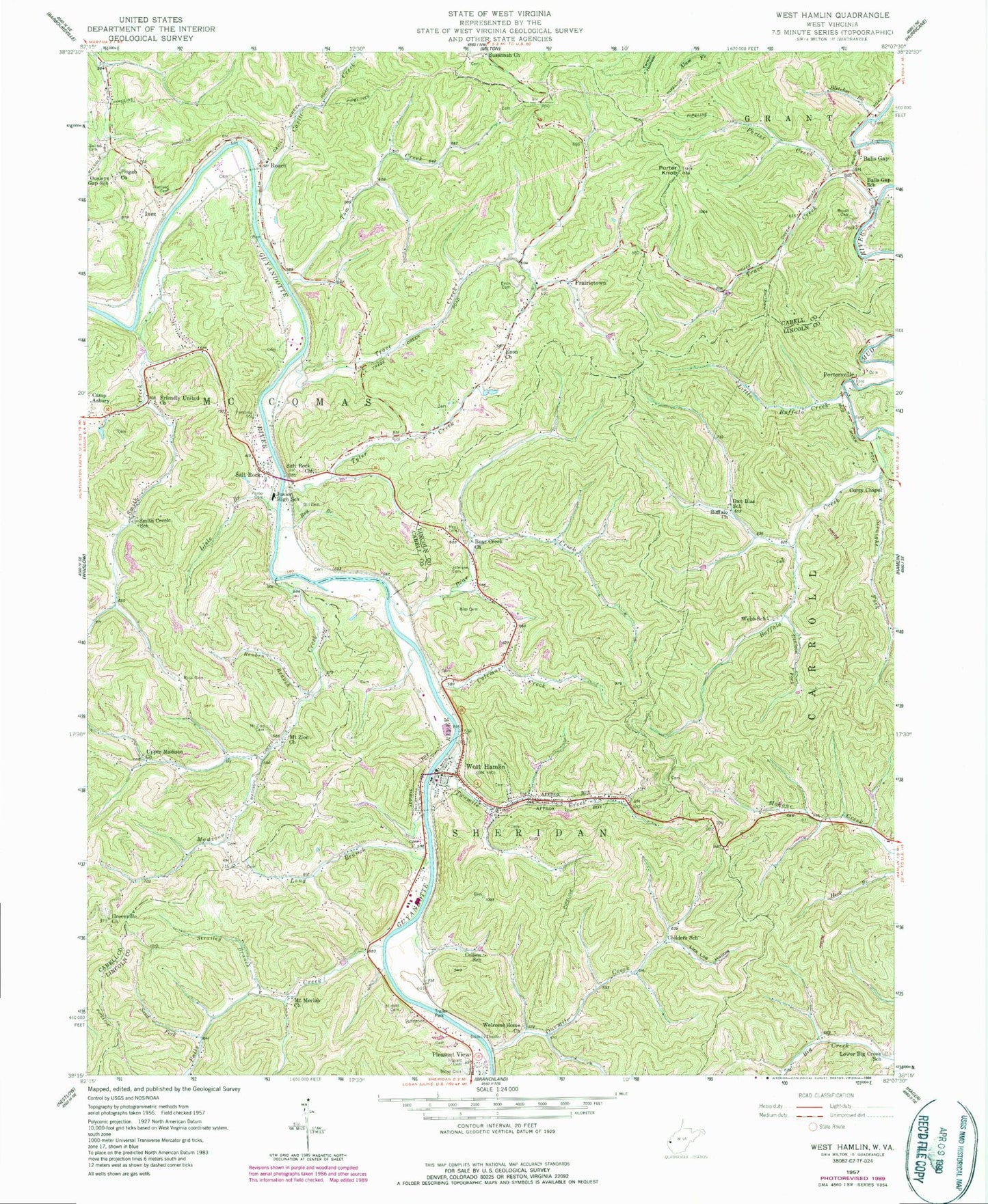 Classic USGS West Hamlin West Virginia 7.5'x7.5' Topo Map Image