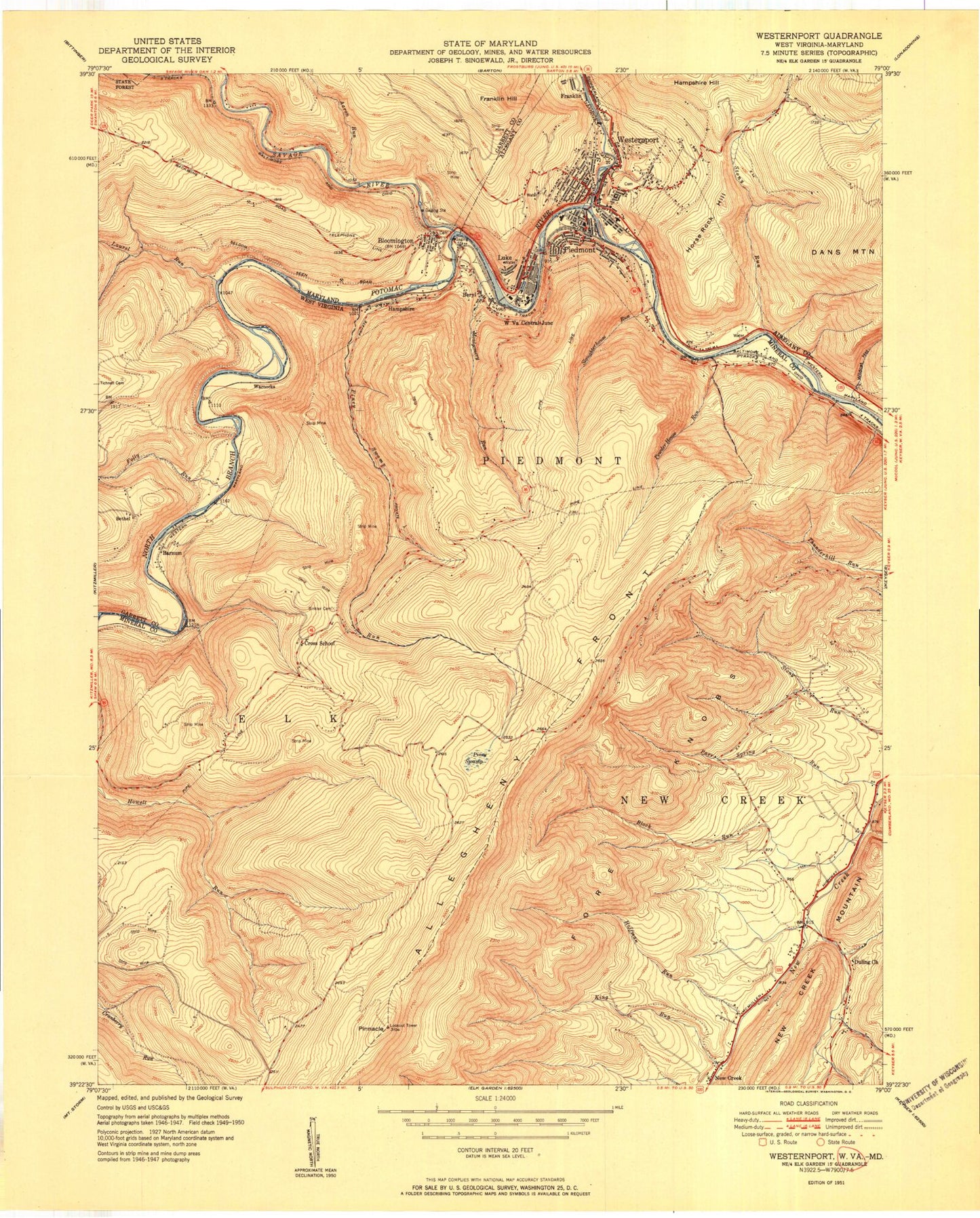 Classic USGS Westernport Maryland 7.5'x7.5' Topo Map Image