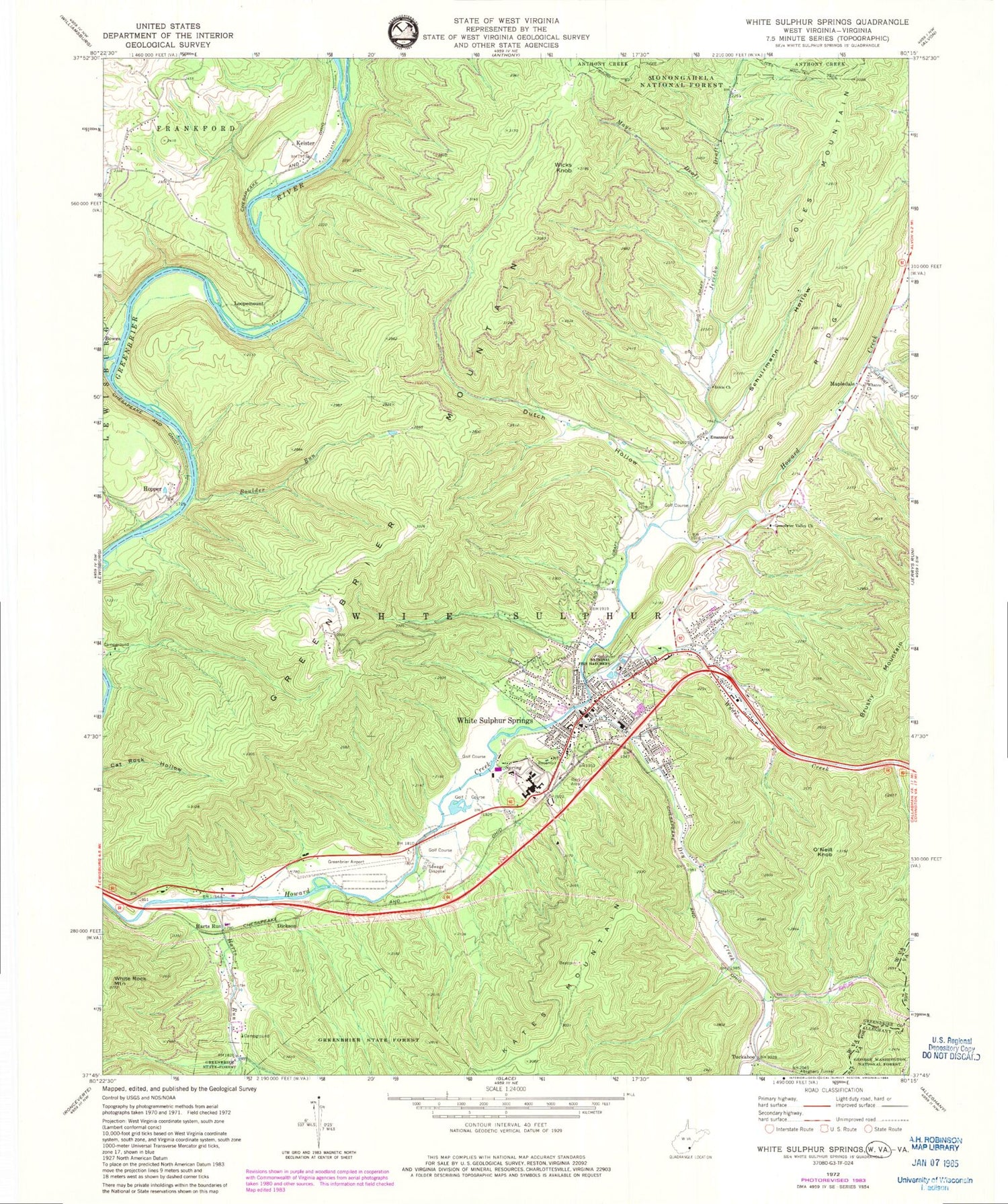 Classic USGS White Sulphur Springs West Virginia 7.5'x7.5' Topo Map Image