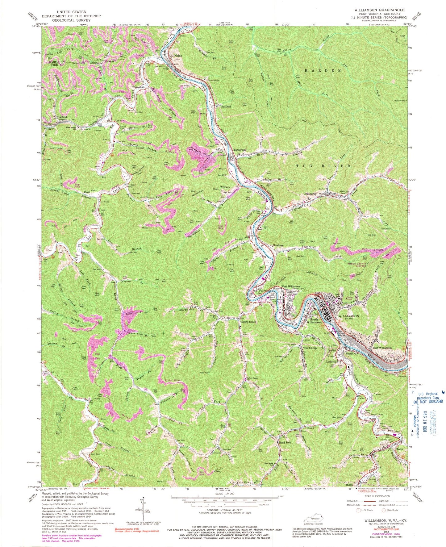 Classic USGS Williamson West Virginia 7.5'x7.5' Topo Map Image