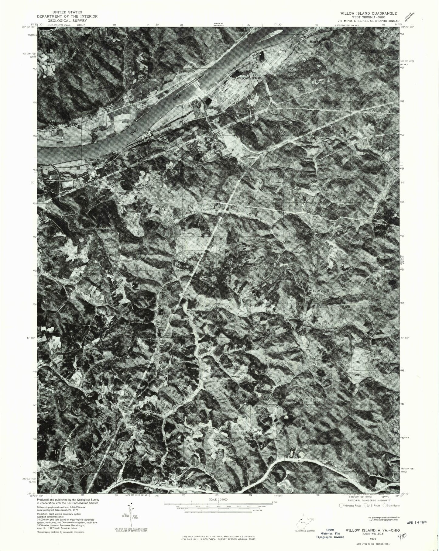 Classic USGS Willow Island West Virginia 7.5'x7.5' Topo Map Image