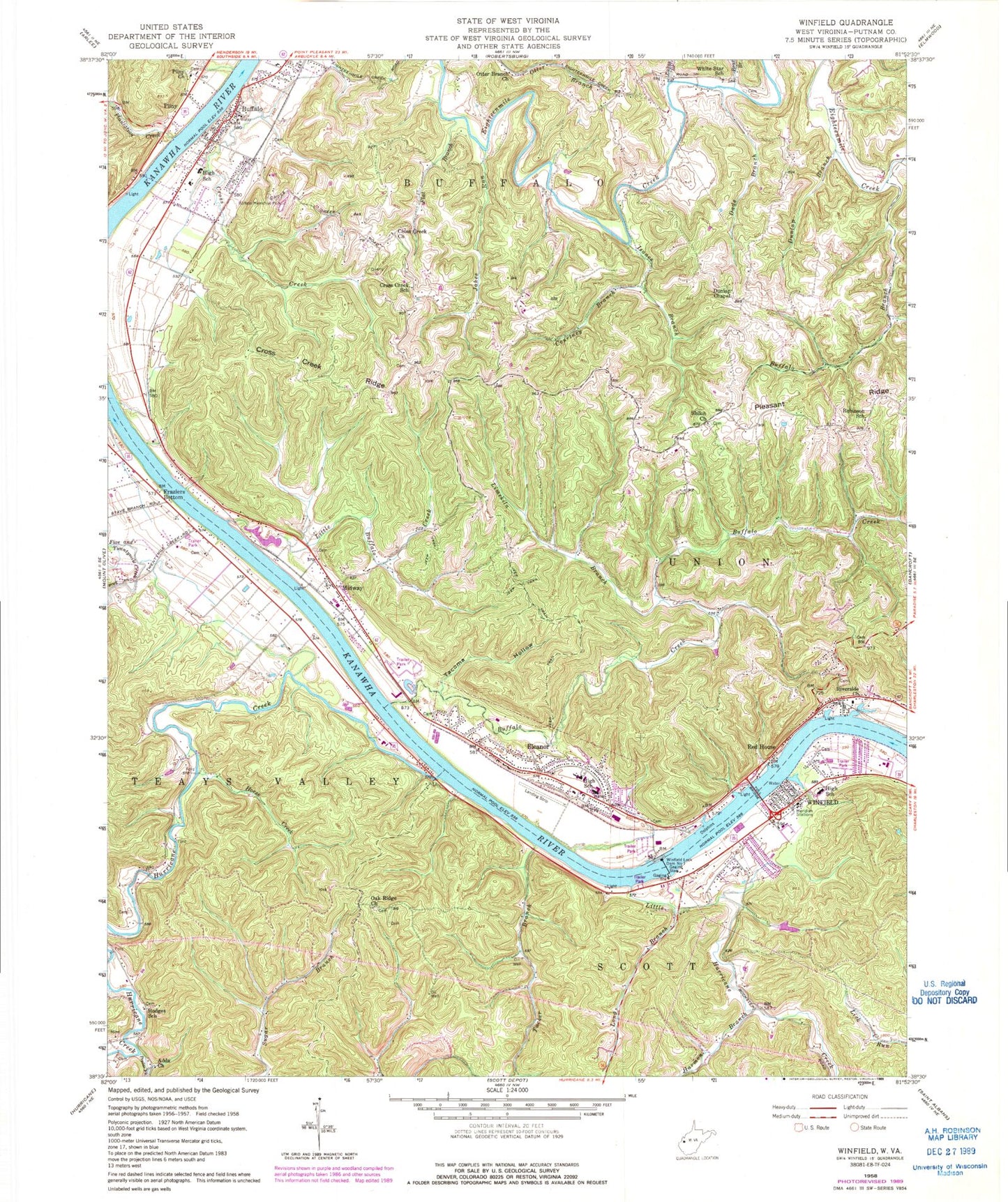 Classic USGS Winfield West Virginia 7.5'x7.5' Topo Map Image
