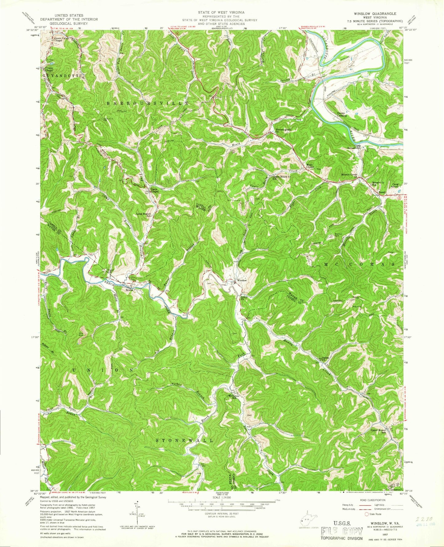 Classic USGS Winslow West Virginia 7.5'x7.5' Topo Map Image